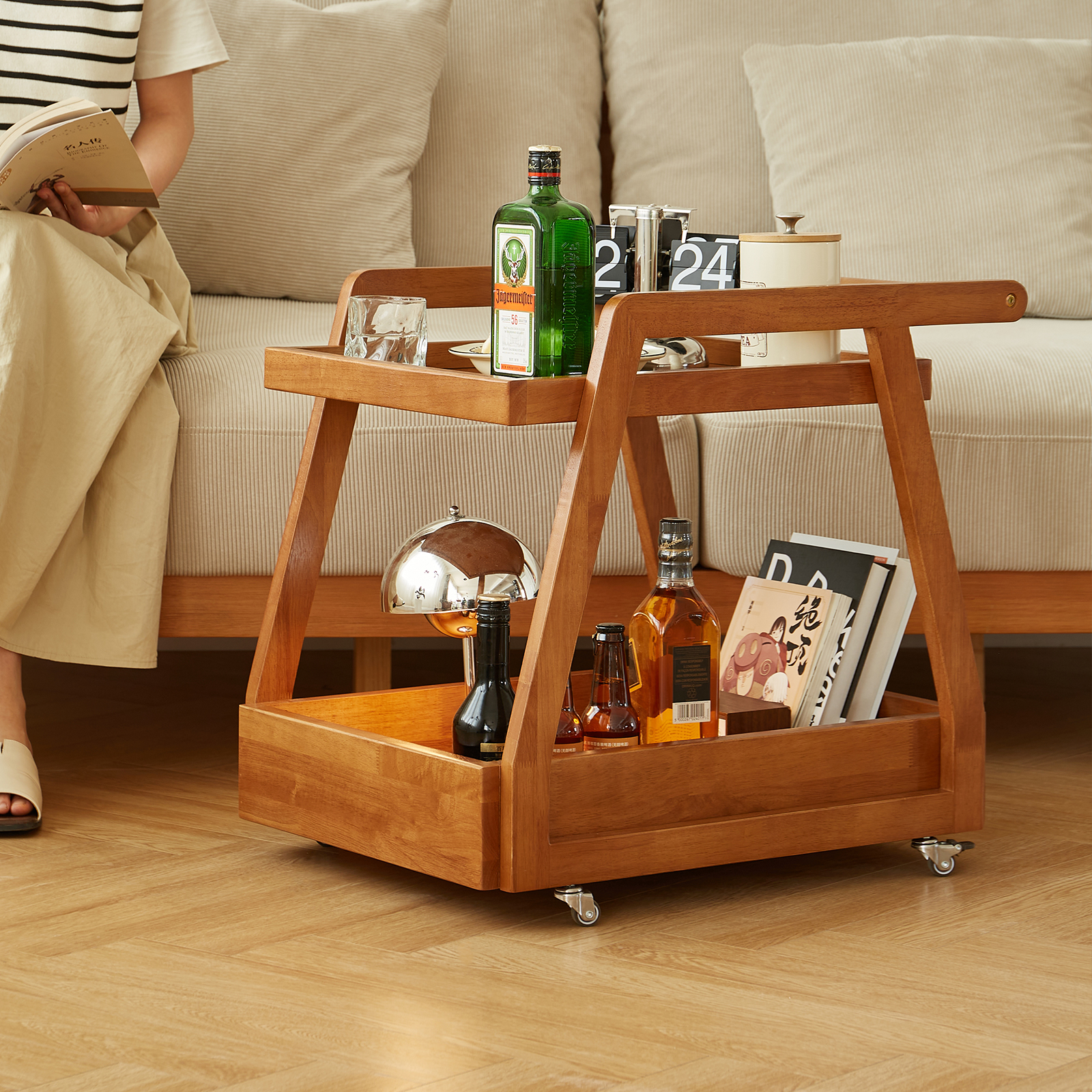 錦木-木製サイドテーブル 2段式 キャスター付きワゴン 北欧風 サイドテーブル/コーヒーテーブル 収納ラックサイドテーブル