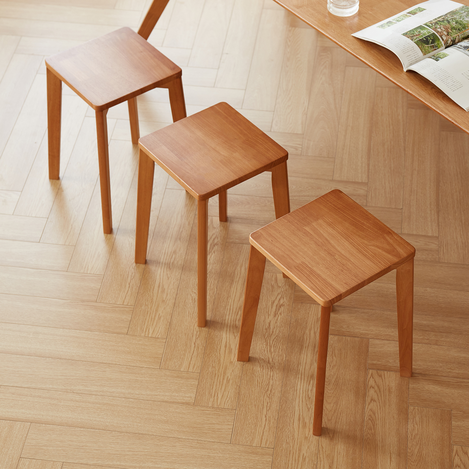 錦木-天然木 シンプル ダイニングベンチ ハイバック 四角座面 ローテーブル対応 リビング・ダイニング兼用 重ねて収納可能ダイニングベンチ