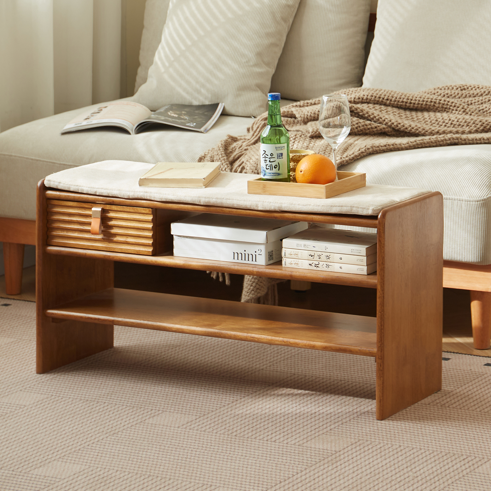 錦木-無垢材玄関ベンチ 収納付きシューズラック 座面付きスリム収納 玄関用長椅子 スリムデザイン玄関ベンチ