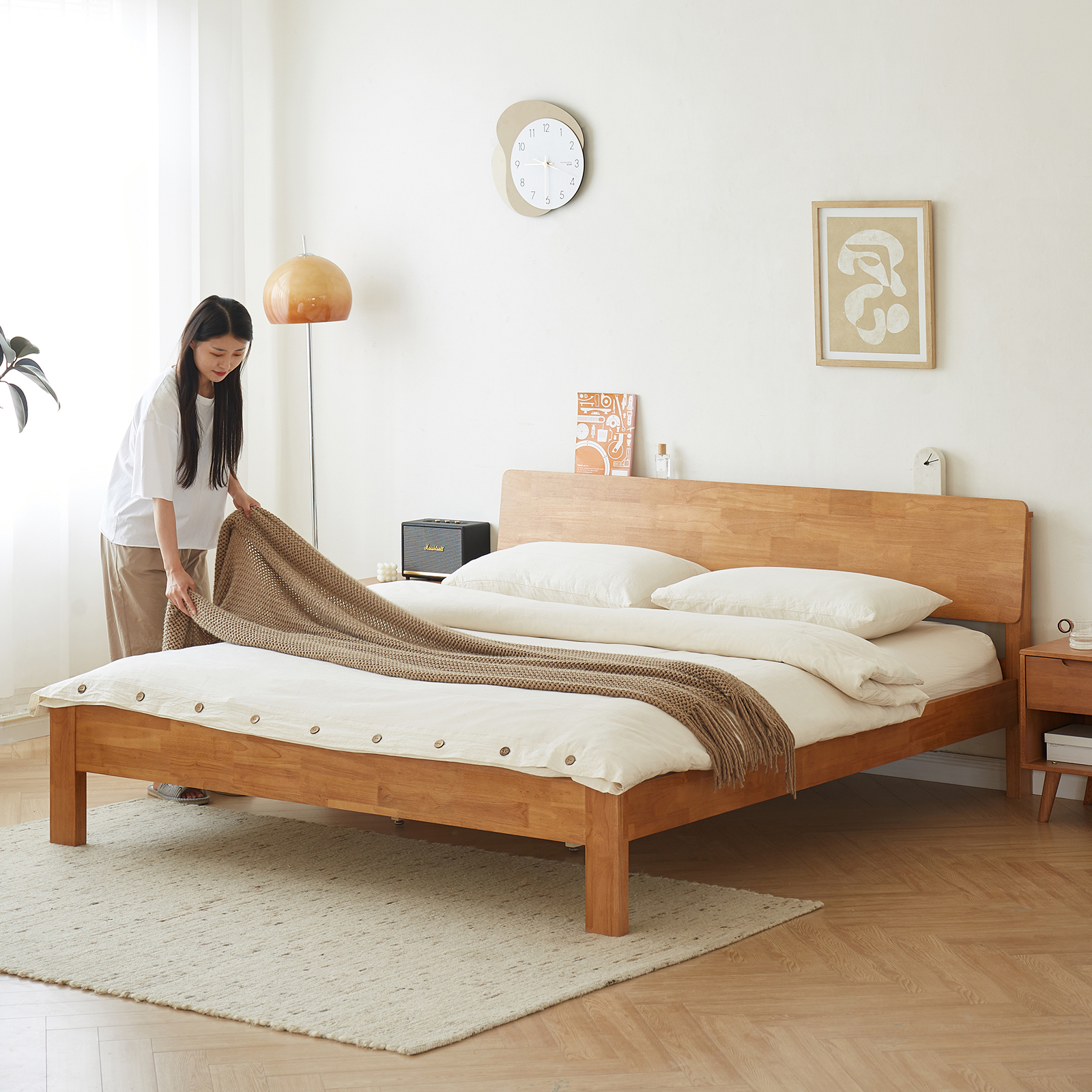 錦木-無垢材ベッド ダブル1.8m/シングル1.2m 主寝室向け シンプルデザイン チェリー色 小户型対応ベッド