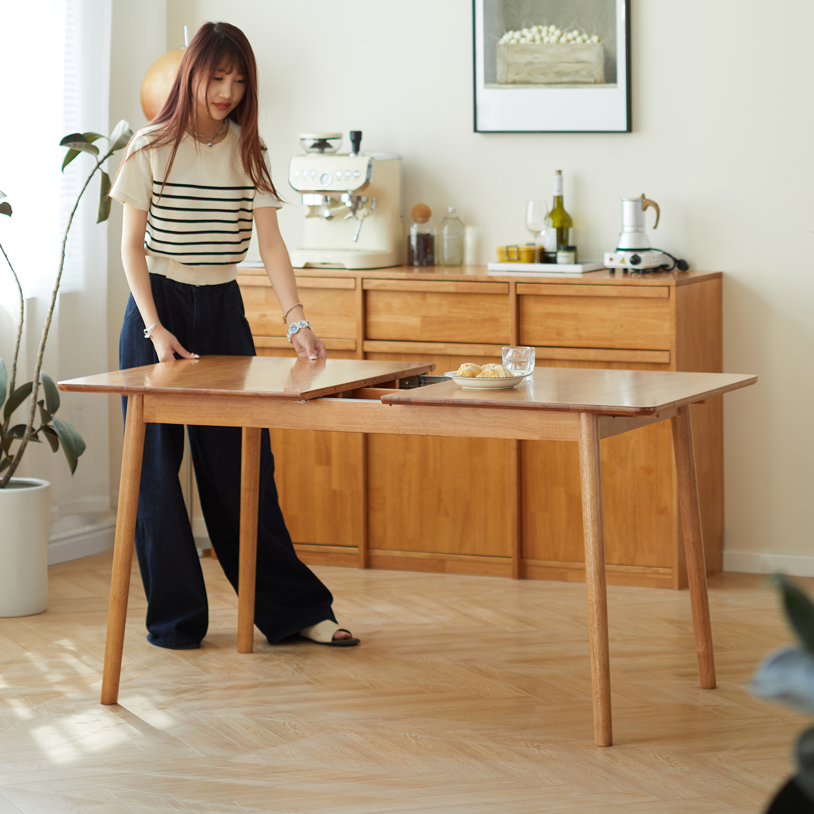 錦木-【無垢材使用】伸縮式折りたたみダイニングテーブルセット モダンシンプル 小户型対応 学習・パーティー兼用ダイニングテーブル