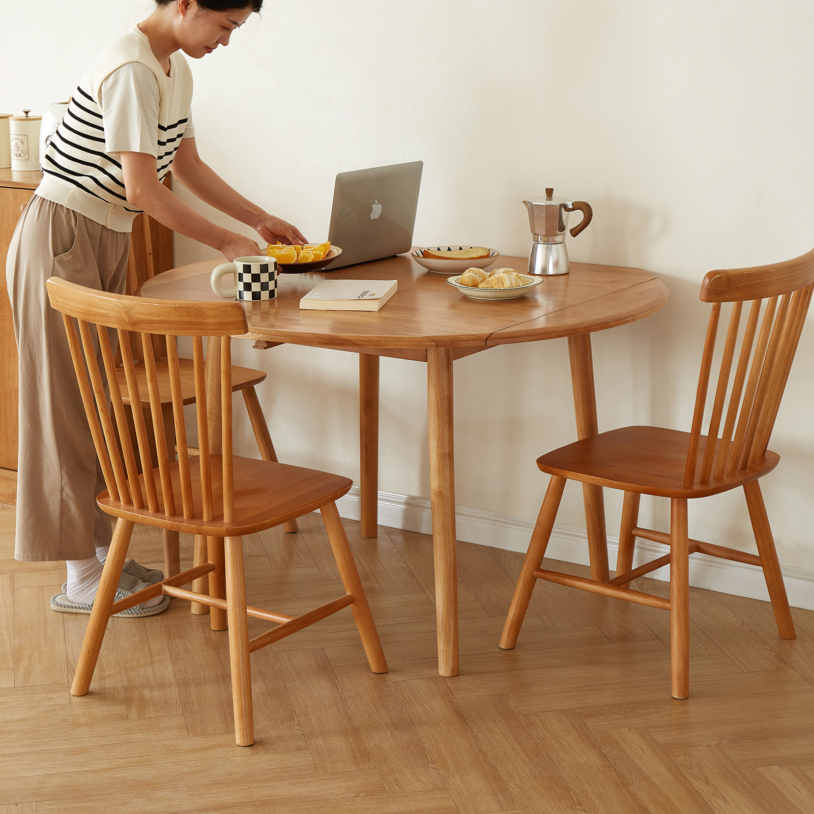 錦木-【無垢材使用】折りたたみ円形ダイニングテーブル 伸縮式スクエアテーブル 2WAY チェリー色 小户型対応 ダイニングチェアセットダイニングテーブル