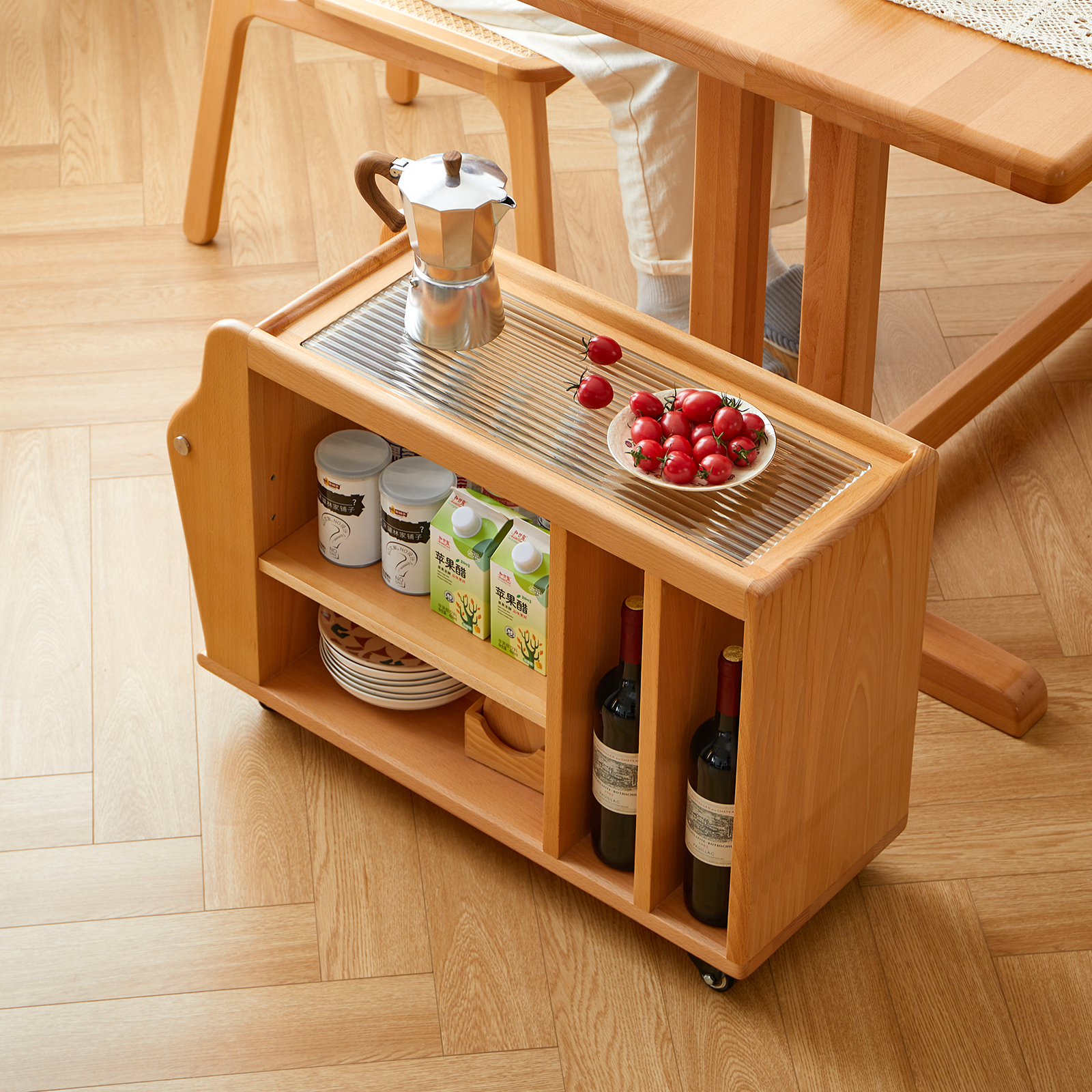 錦木-無垢材 キャスター付きサイドテーブル ヴィンテージ風 多段収納ラック リビング収納 ローチェストサイドボード