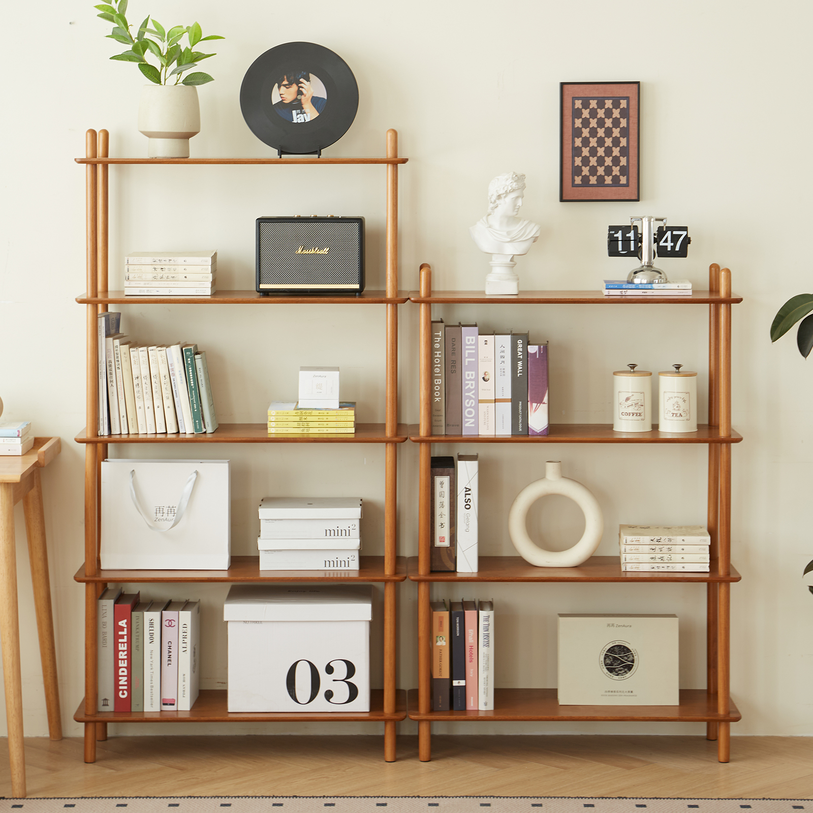 錦木-無垢材 多段式書棚 ラック フロアラック 組合せ自由 リビング収納 ディスプレイラック シンプル 間仕切りラック収納ラック