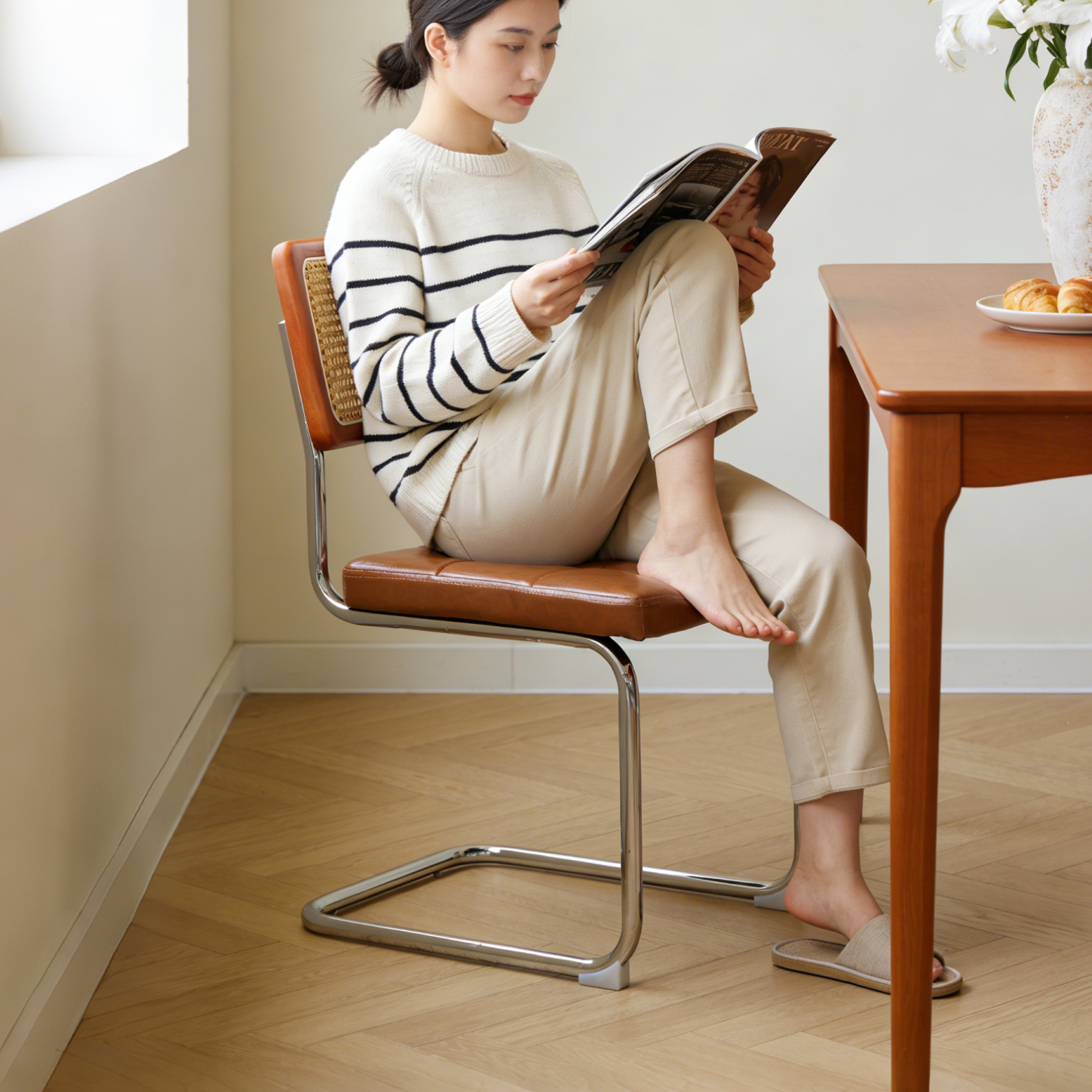 錦木-ヴィンテージ ダイニングチェア 籐張り メタル脚 クッション付き 北欧ミニマル リビングチェアダイニングチェア