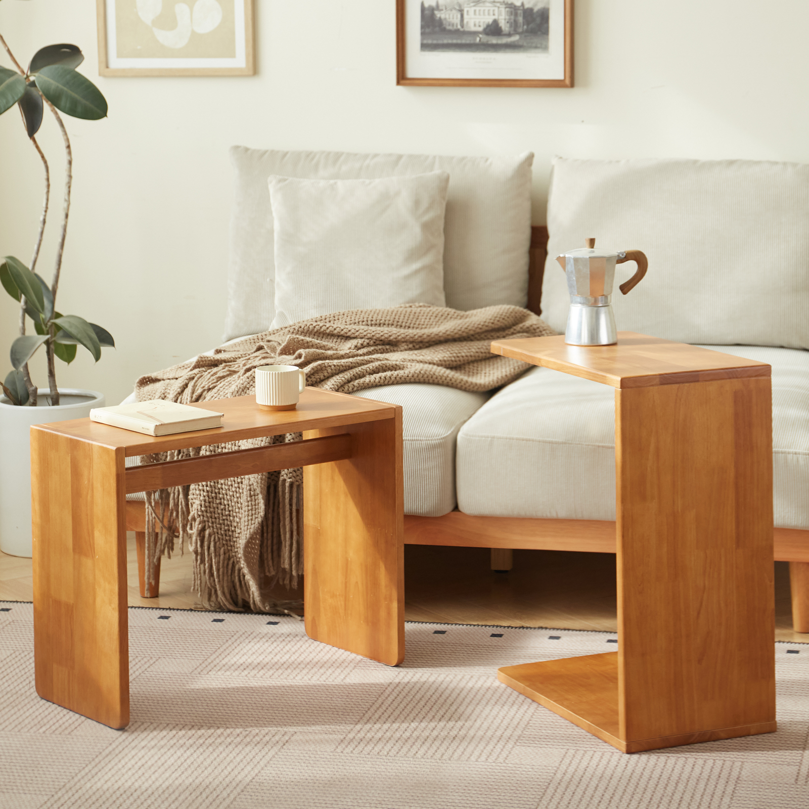 錦木-無垢材 C 字型サイドテーブル 多機能 コーナーテーブル キャスター付き移動式 リビング・寝室用 コンパクト サイドボードサイドテーブル