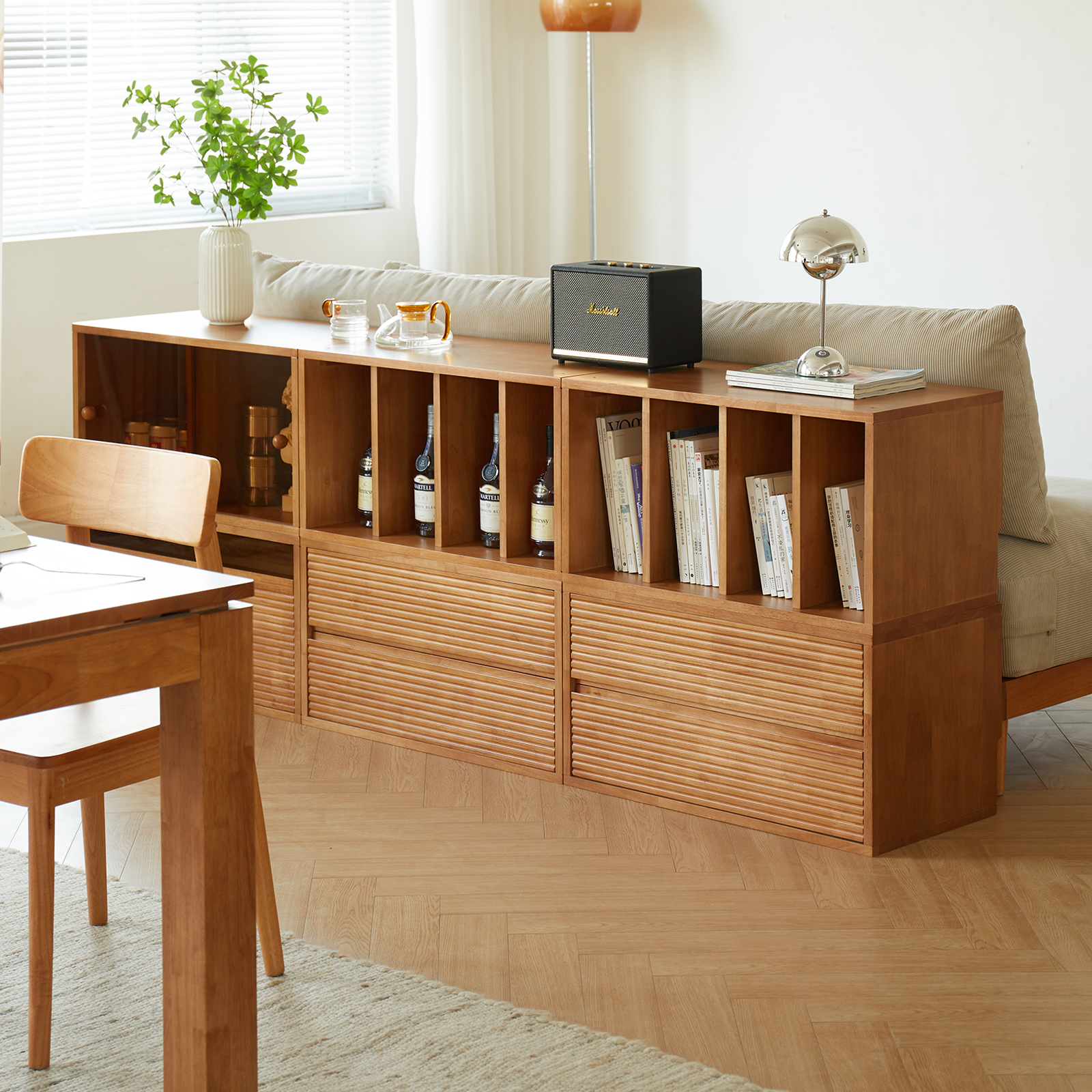 錦木-無垢材 フリーユニット収納棚 ローボード・チェスト兼用 リビング収納 間仕切り棚 モジュール式 キャビネット本棚