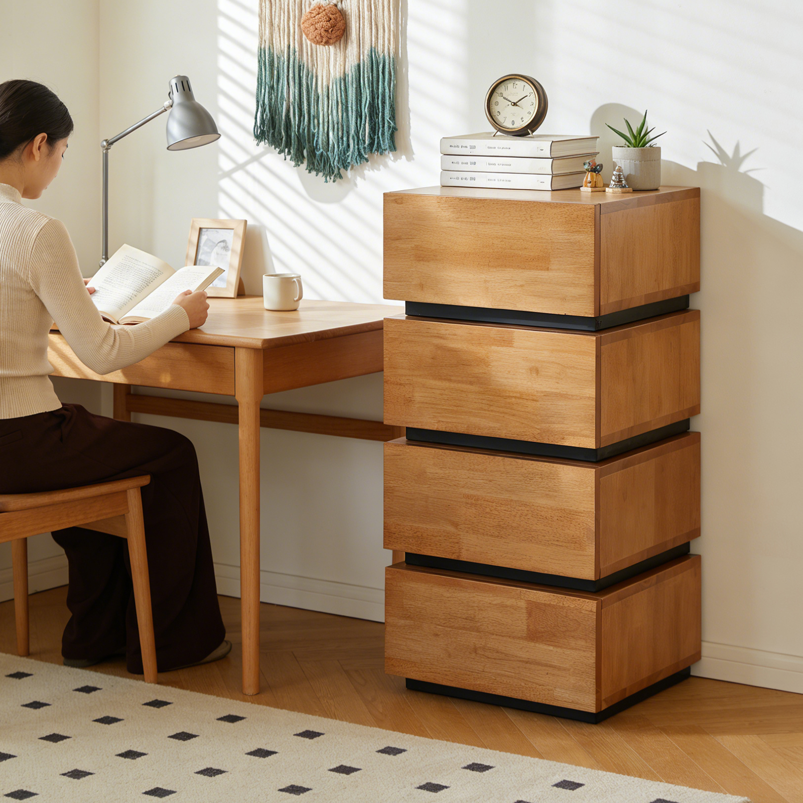 錦木-ミッドセンチュリー 無垢材チェスト 多段式 リビング・寝室・ベッドサイド収納 サイドボード 収納キャビネットチェスト