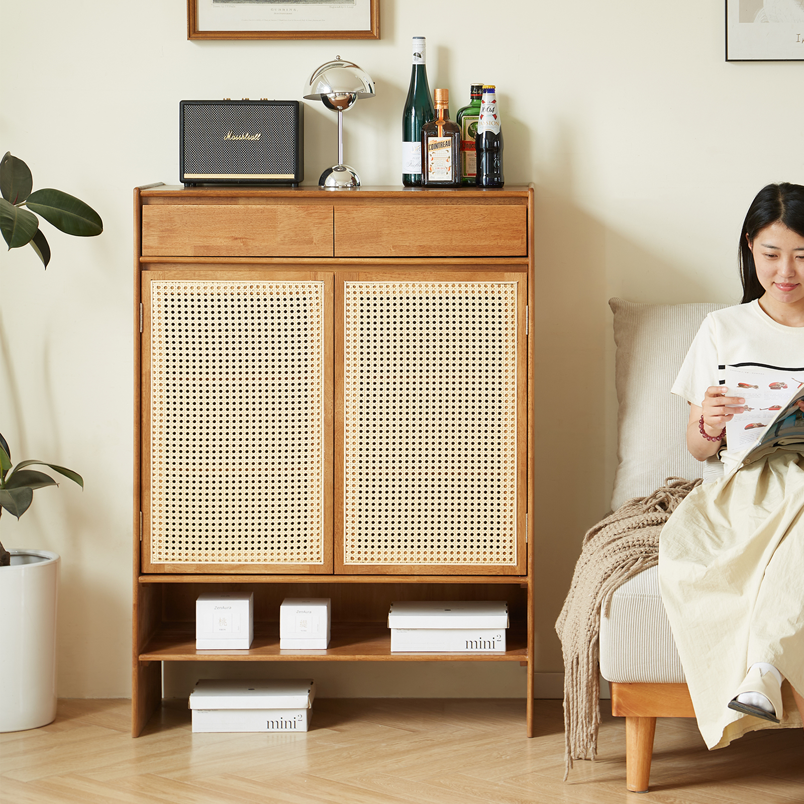 錦木-無垢材シューズボックス ラタン編み 玄関収納 多目的キャビネット 家庭用 シューズラック靴箱 / シューズボックス