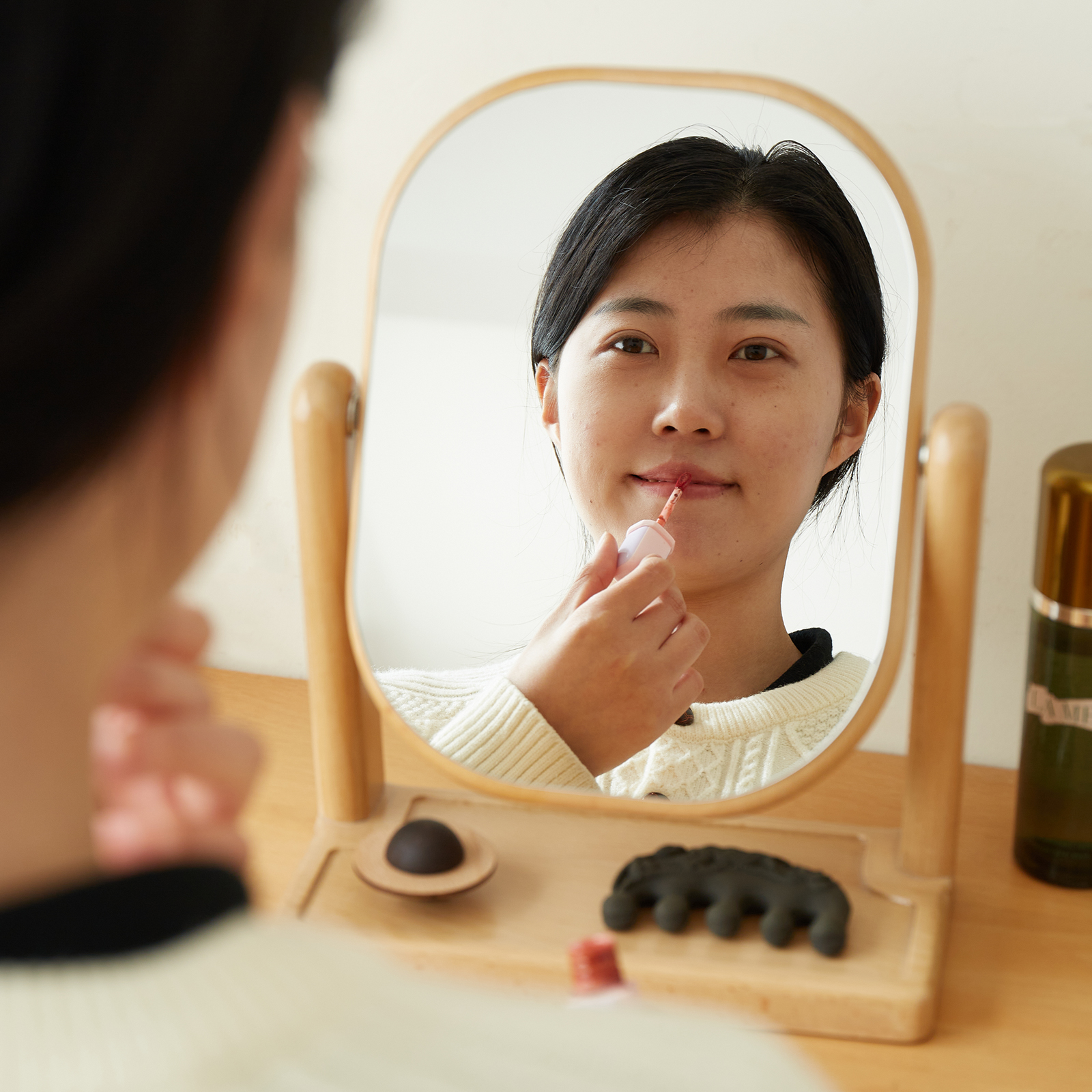 錦木-無垢材化粧鏡 卓上型 回転式 高反射 レトロシンプル ブナ材 寝室用 ドレッサーミラー化粧鏡