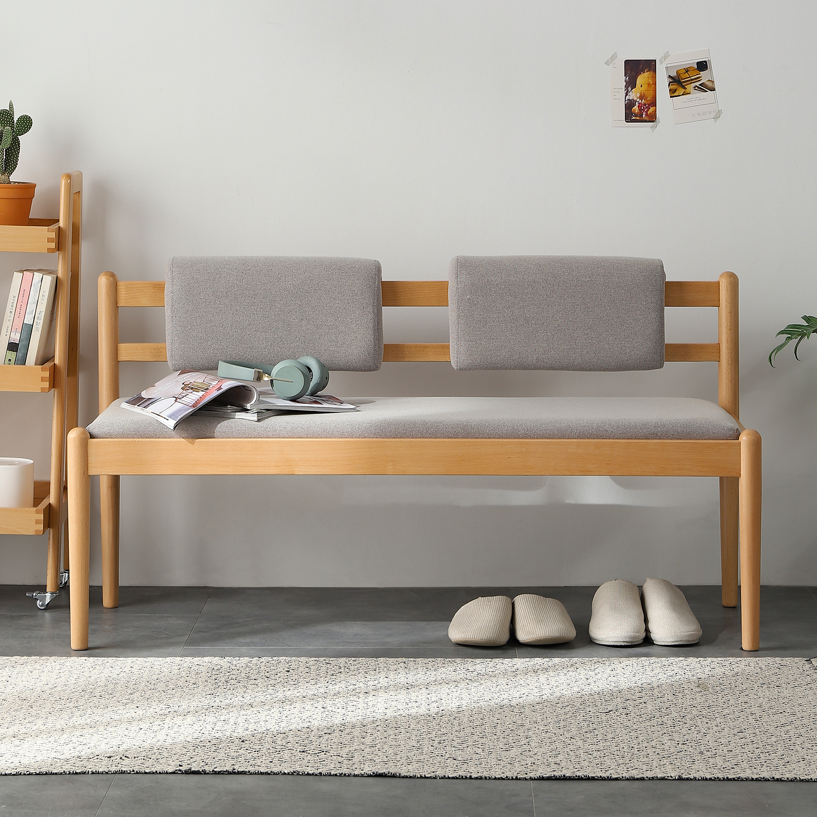 錦木-無垢材ロングベンチ 北欧風シンプル 布張り 2人掛け クッション付き 玄関ベンチ ベッドサイドベンイニングチェア