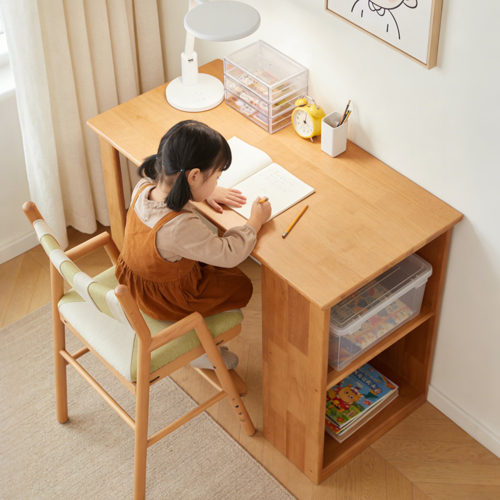 錦木-無垢材デスク 本棚・収納一体型 キャスター付き 寝室用 パソコンデスク 学習机 省スペース シンプルデスク / 学習机