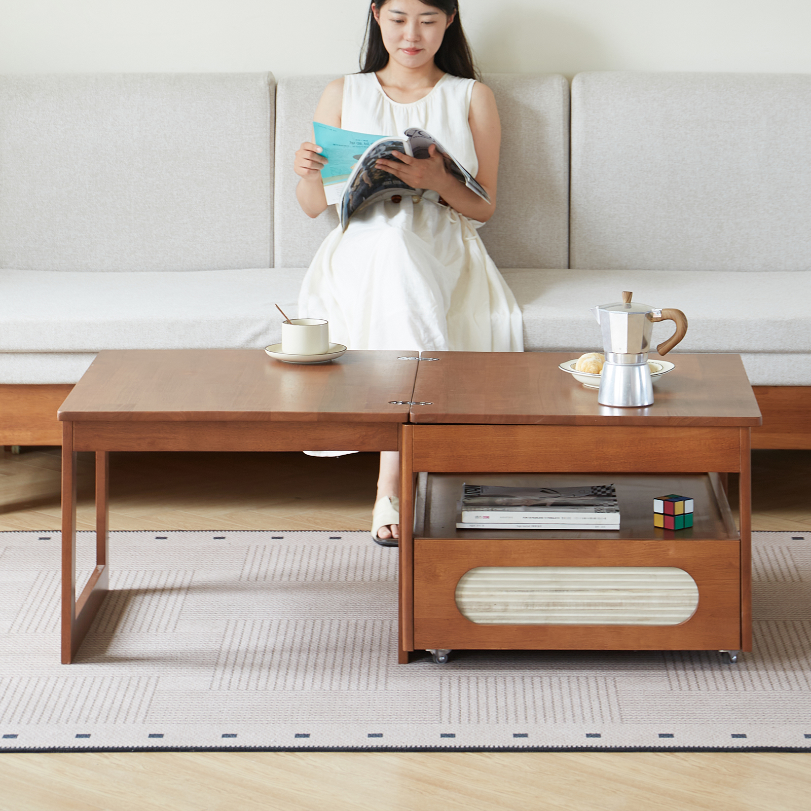 錦木-無垢材ローテーブル 昇降式 折りたたみ キャスター付き 多機能 小户型リビング向け モダンシンプル サイドテーブル兼用ローテーブル