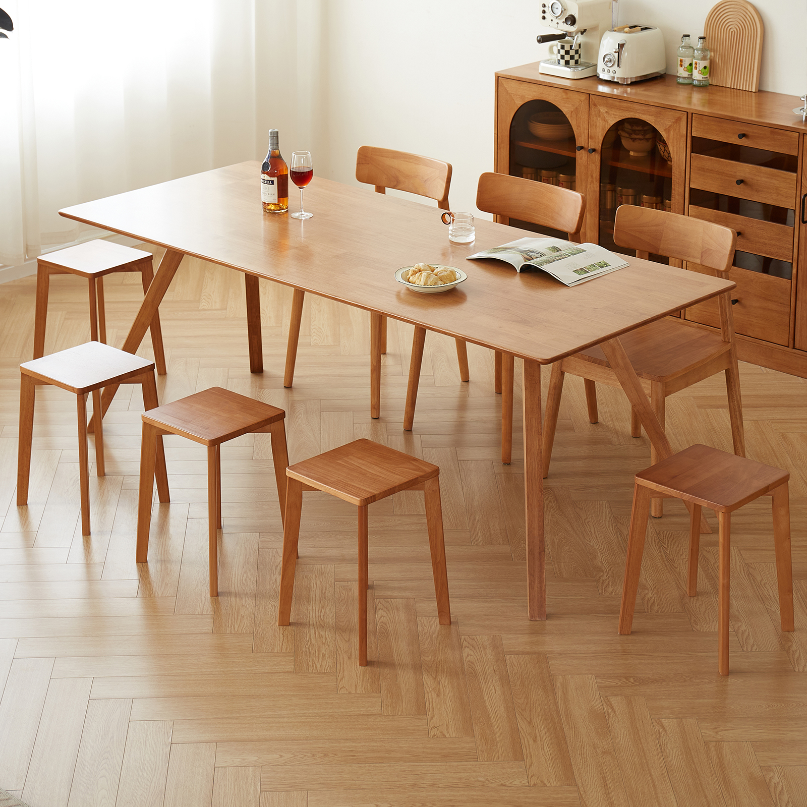 錦木-天然木 シンプル ダイニングベンチ ハイバック 四角座面 ローテーブル対応 リビング・ダイニング兼用 重ねて収納可能ダイニングベンチ