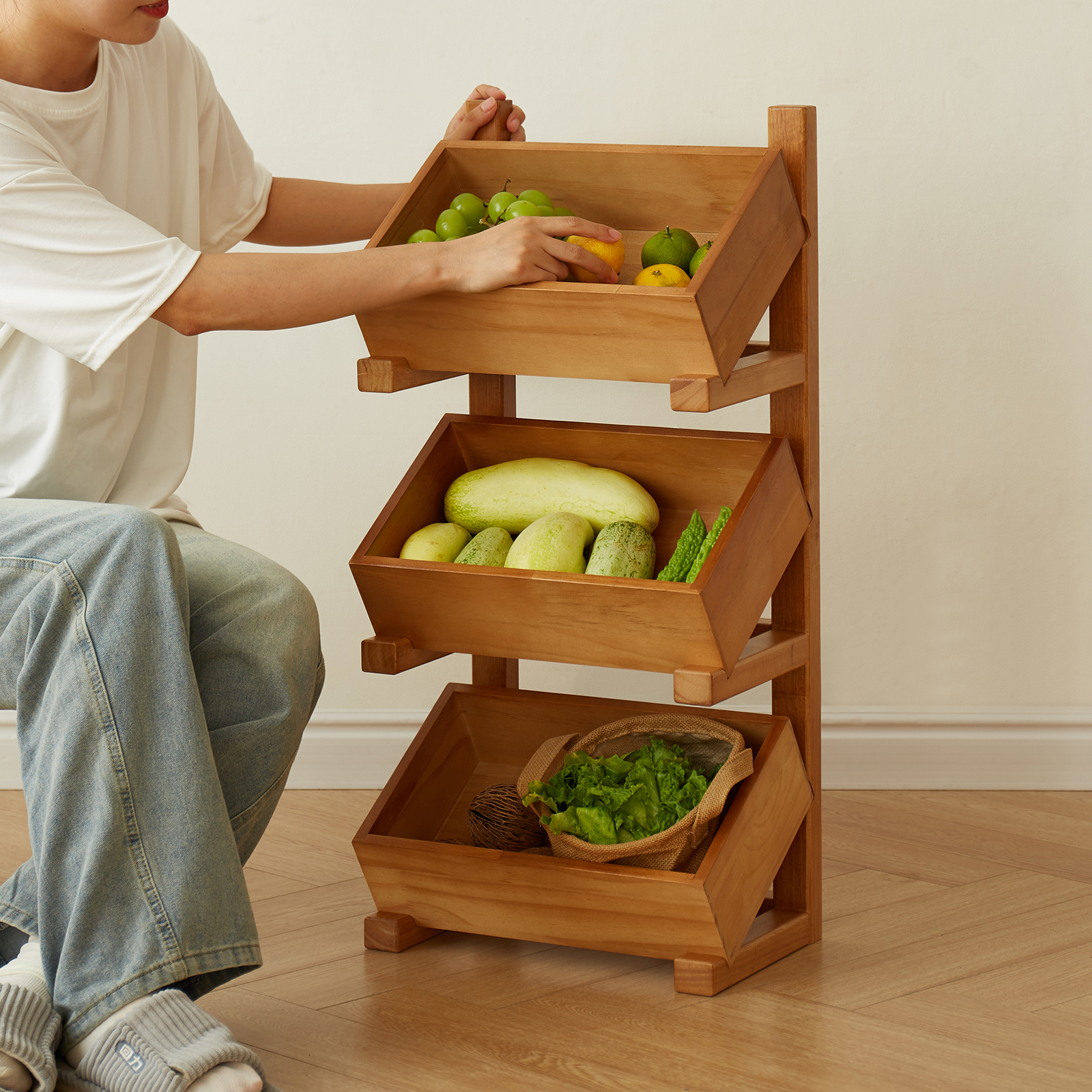錦木-無垢材収納ラック キッチン野菜・スナック収納 リビングサイドテーブル おもちゃ・本棚にも マルチラック棚 / ラック