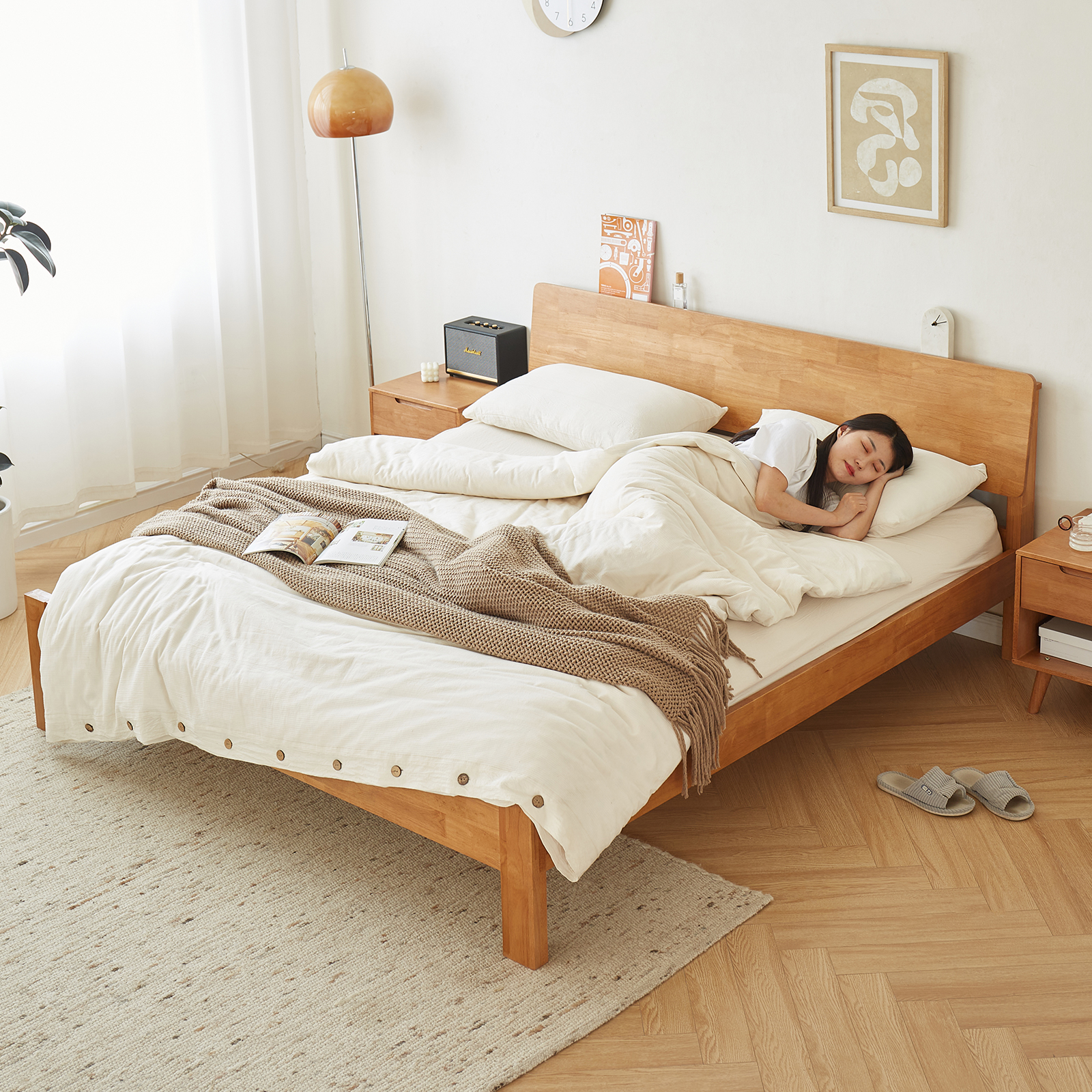 錦木-無垢材ベッド ダブル1.8m/シングル1.2m 主寝室向け シンプルデザイン チェリー色 小户型対応ベッド