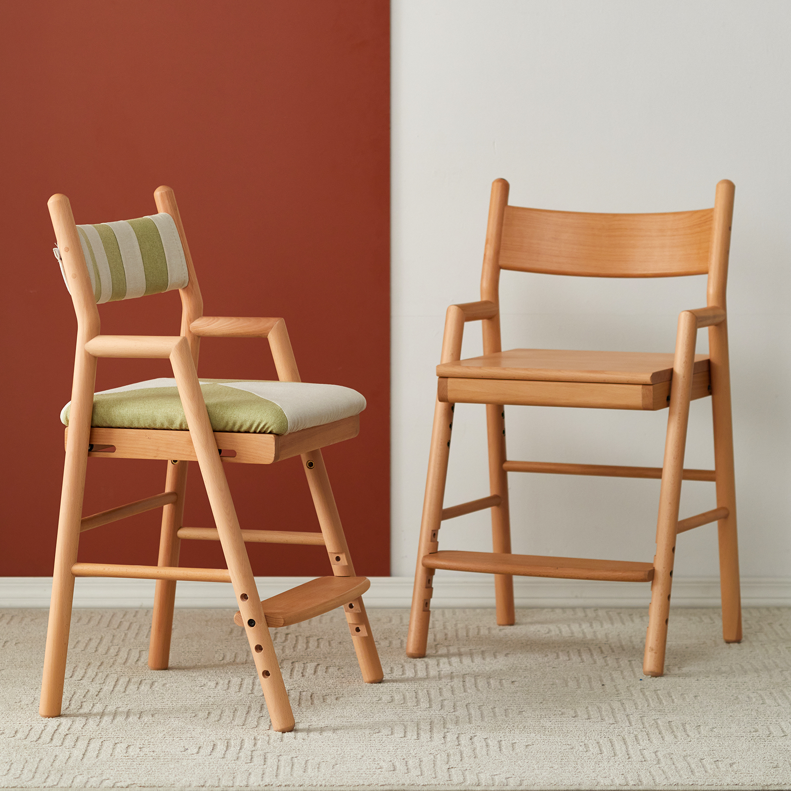 錦木-無垢材キッズ学習チェア 昇降式 背もたれ付き 姿勢矯正椅子 勉強椅子 食事椅子にも使えるキッズイス