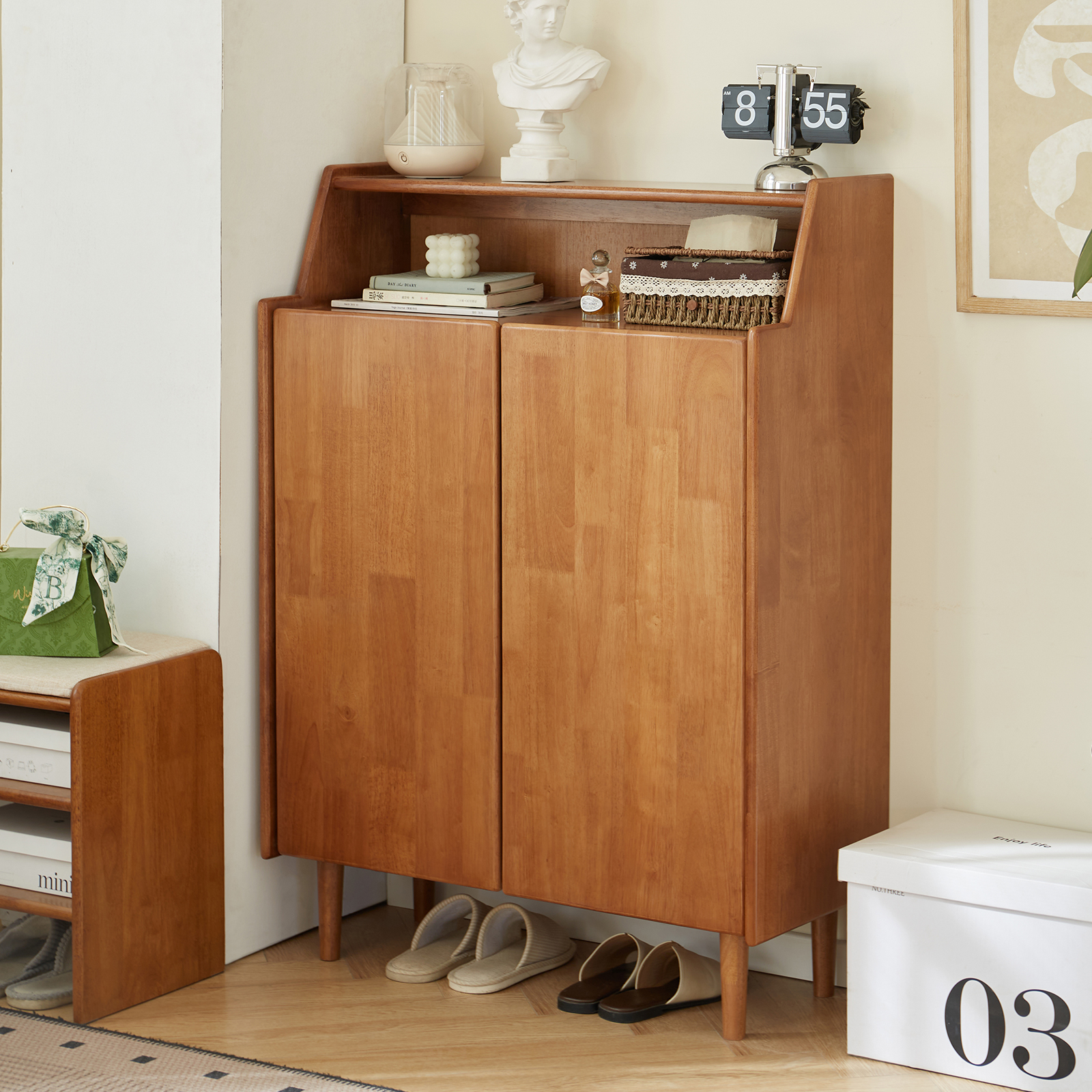 錦木-木製シューズラック 家庭用玄関収納 大容量 壁際一体型シューズ収納キャビネット リビング玄関キャビネット靴箱 / シューズボックス