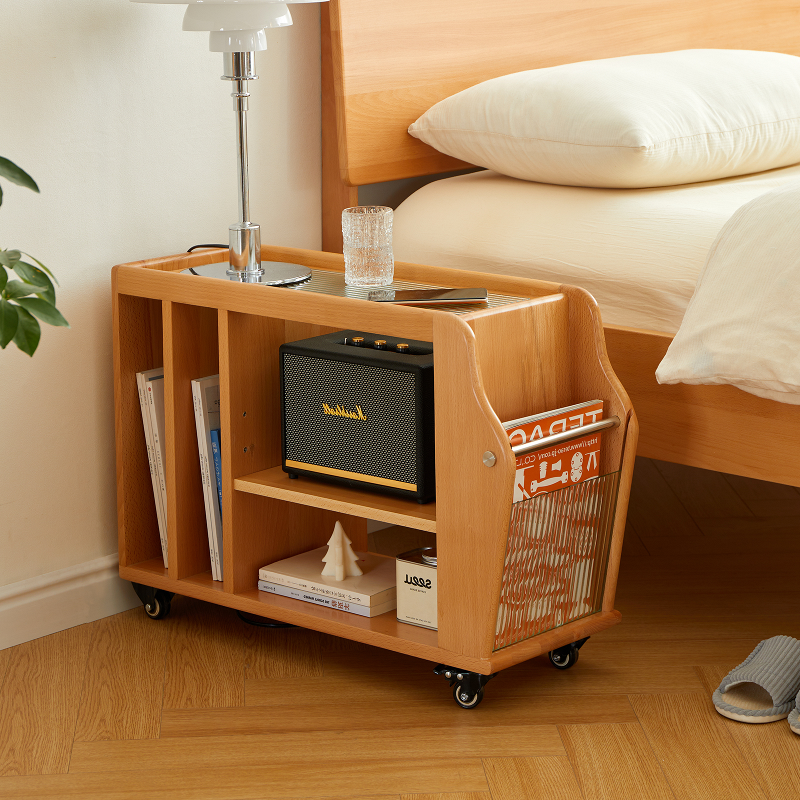 錦木-無垢材 キャスター付きサイドテーブル ヴィンテージ風 多段収納ラック リビング収納 ローチェストサイドボード