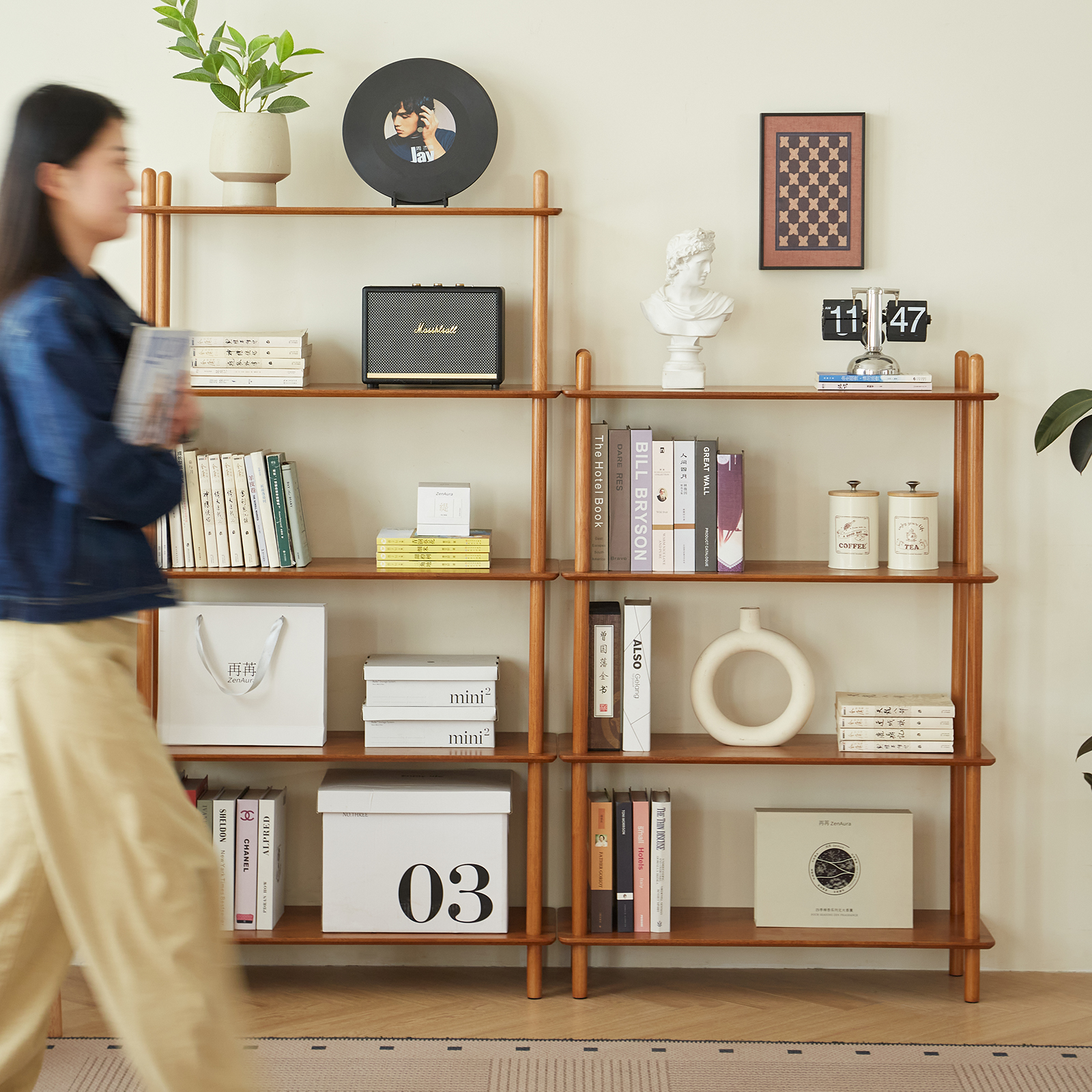 錦木-無垢材 多段式書棚 ラック フロアラック 組合せ自由 リビング収納 ディスプレイラック シンプル 間仕切りラック収納ラック
