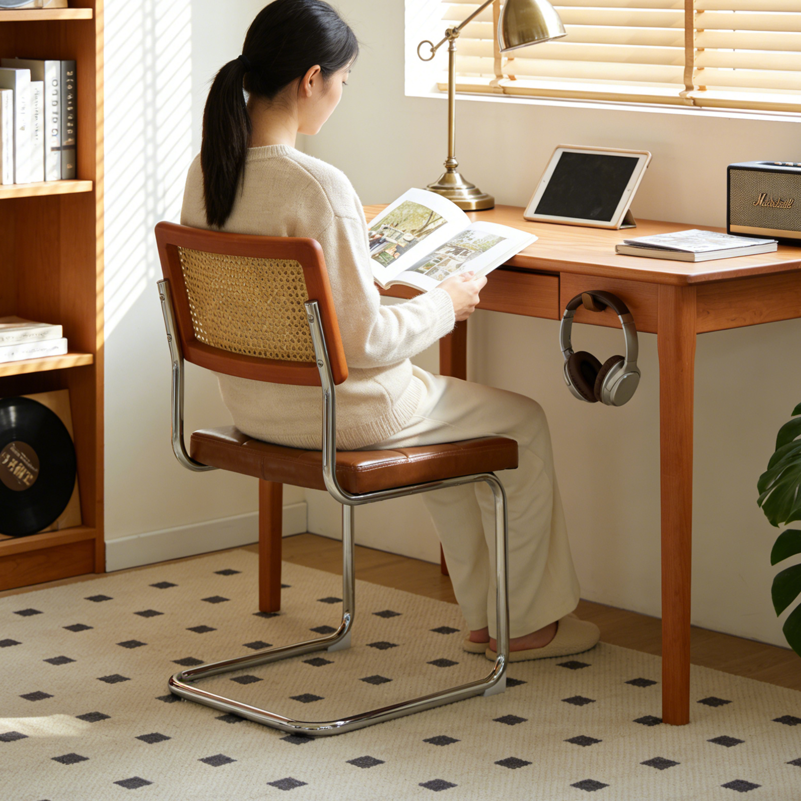 錦木-ヴィンテージ ダイニングチェア 籐張り メタル脚 クッション付き 北欧ミニマル リビングチェアダイニングチェア