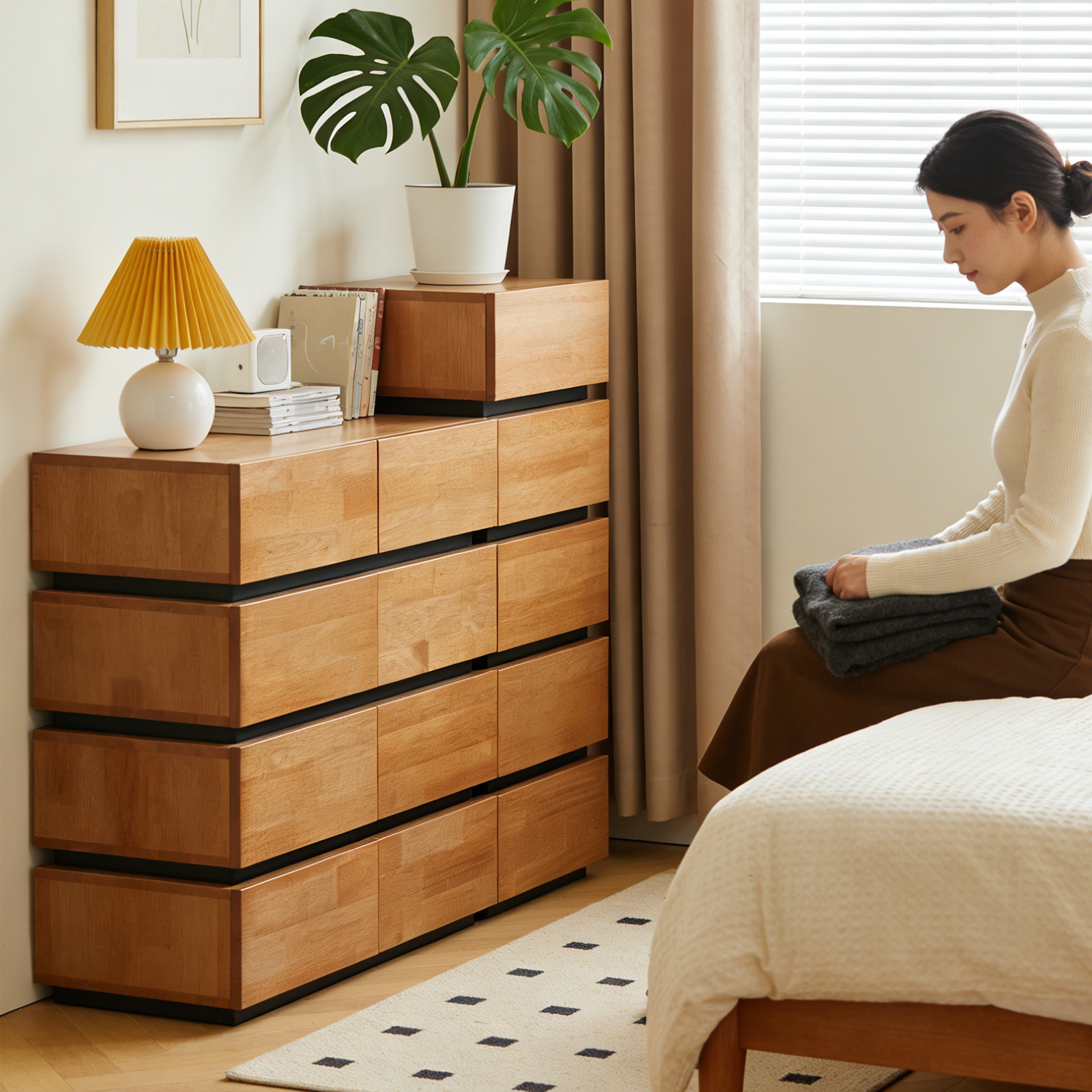 錦木-ミッドセンチュリー 無垢材チェスト 多段式 リビング・寝室・ベッドサイド収納 サイドボード 収納キャビネットチェスト