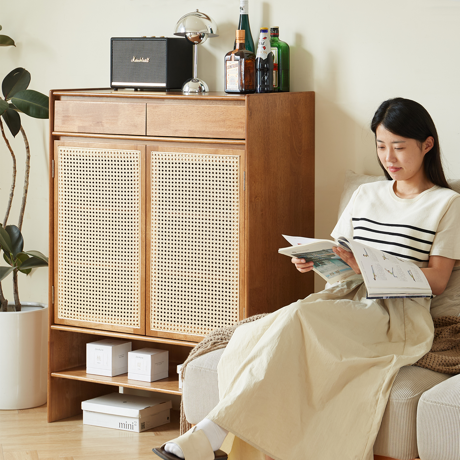 錦木-無垢材シューズボックス ラタン編み 玄関収納 多目的キャビネット 家庭用 シューズラック靴箱 / シューズボックス