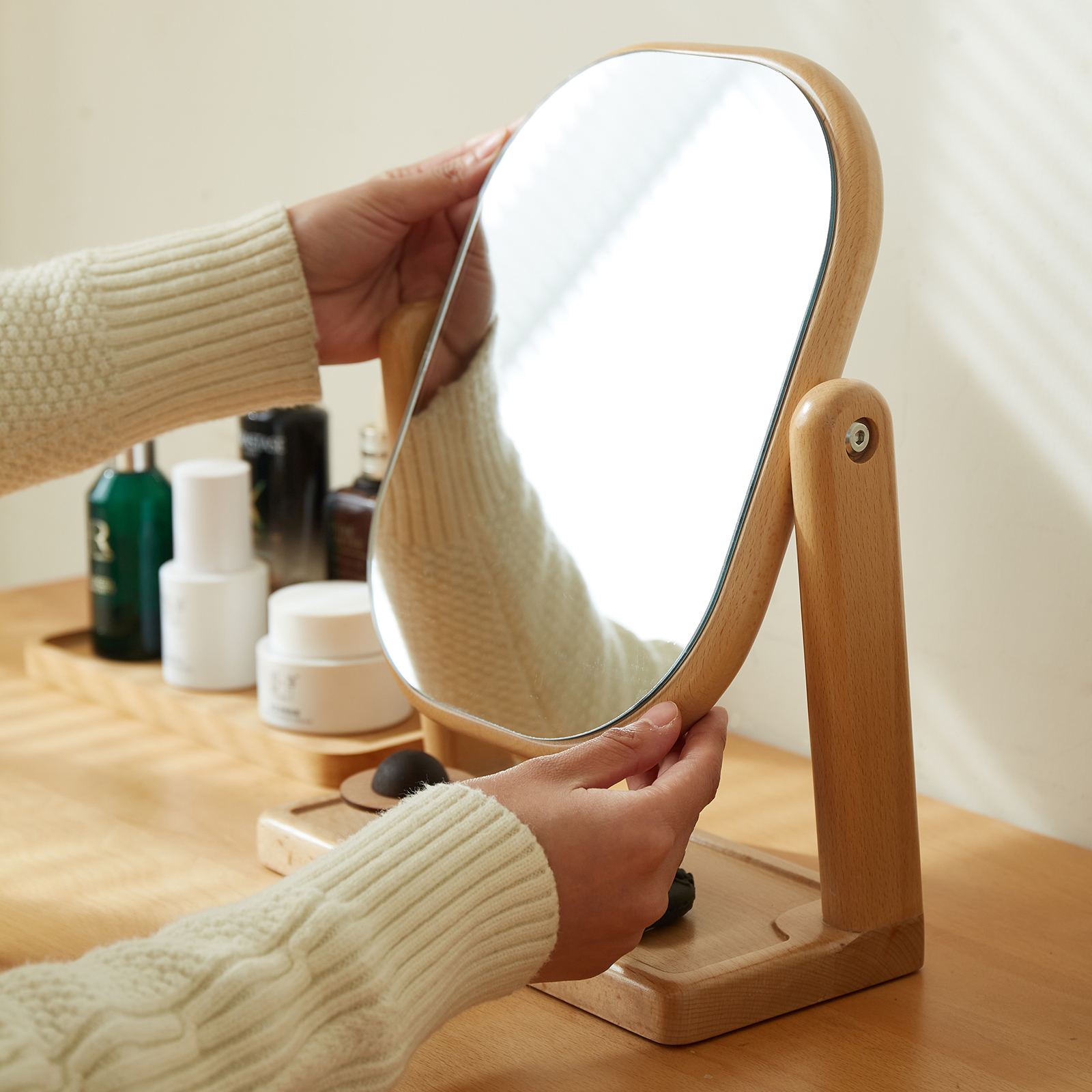 錦木-無垢材化粧鏡 卓上型 回転式 高反射 レトロシンプル ブナ材 寝室用 ドレッサーミラー化粧鏡