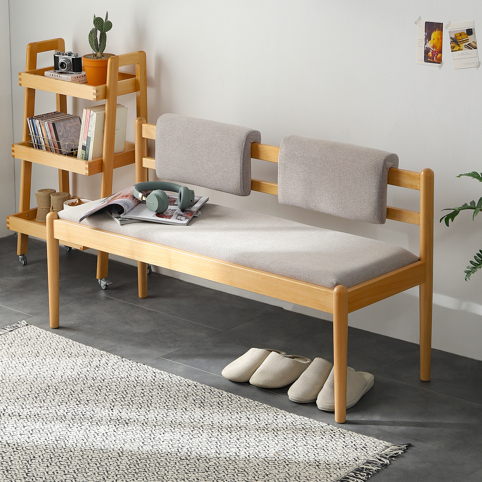 錦木-無垢材ロングベンチ 北欧風シンプル 布張り 2人掛け クッション付き 玄関ベンチ ベッドサイドベンイニングチェア