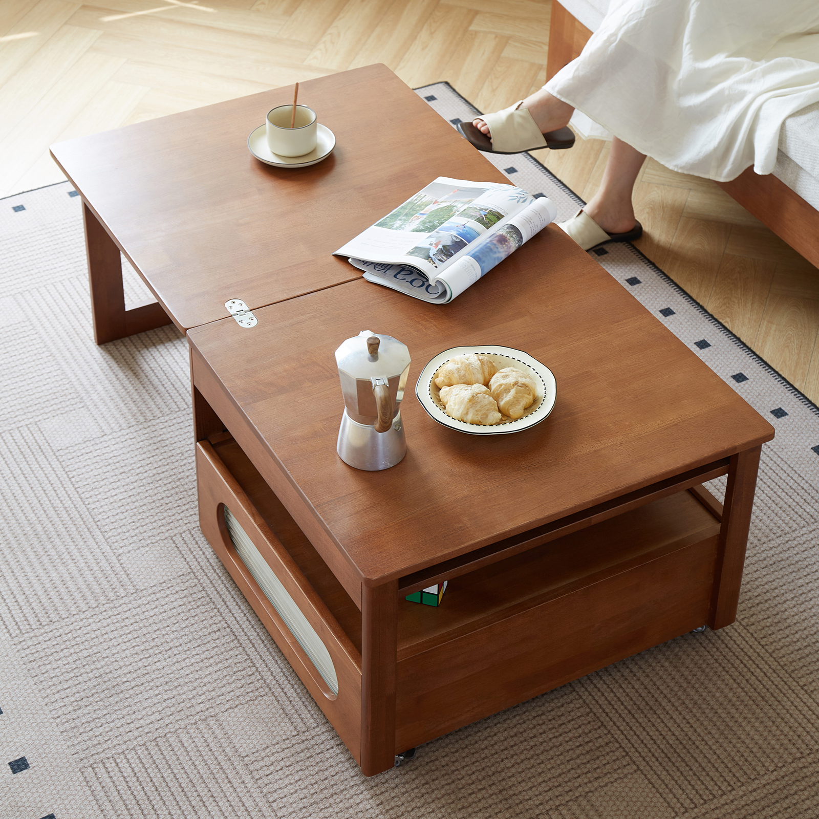 錦木-無垢材ローテーブル 昇降式 折りたたみ キャスター付き 多機能 小户型リビング向け モダンシンプル サイドテーブル兼用ローテーブル