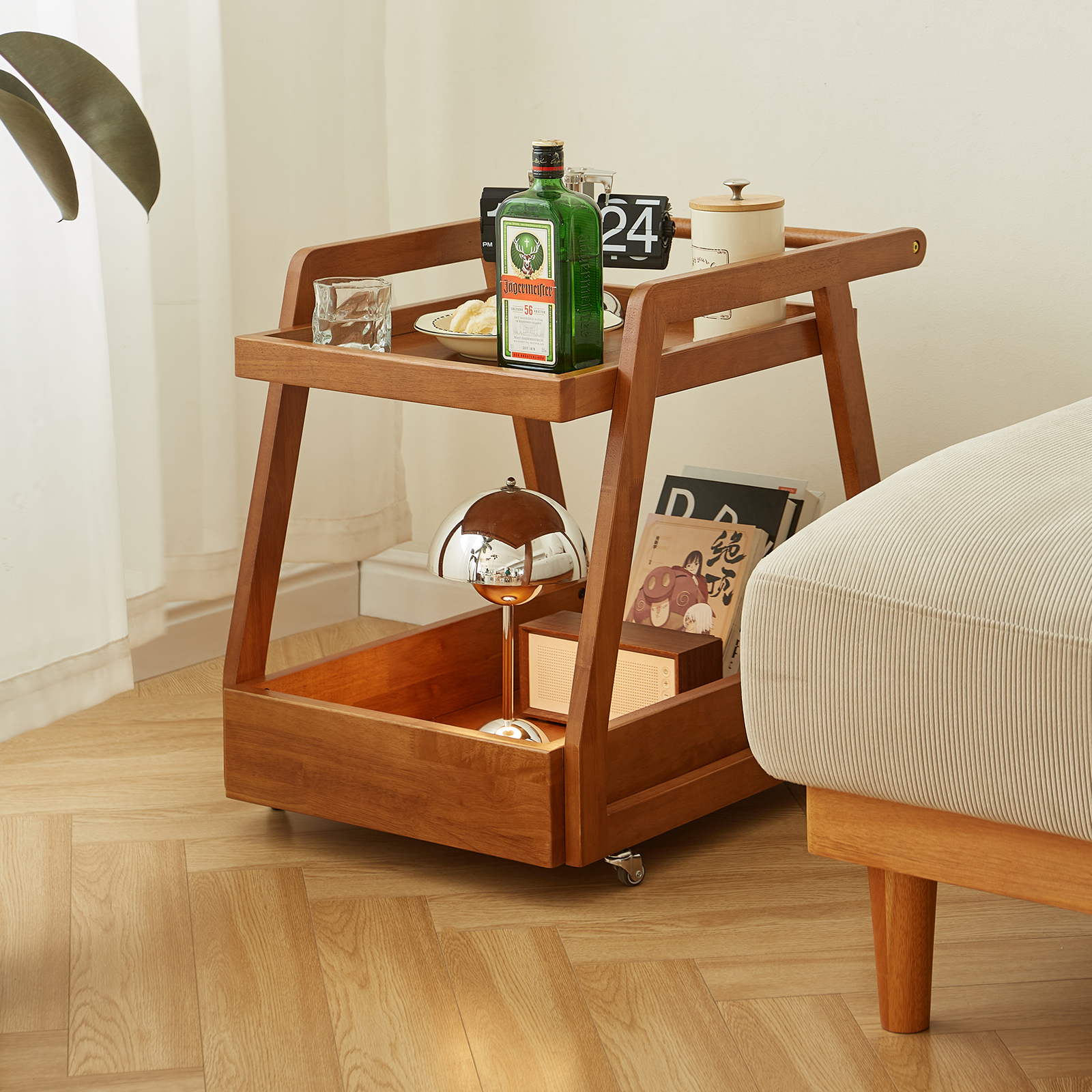 錦木-木製サイドテーブル 2段式 キャスター付きワゴン 北欧風 サイドテーブル/コーヒーテーブル 収納ラックサイドテーブル