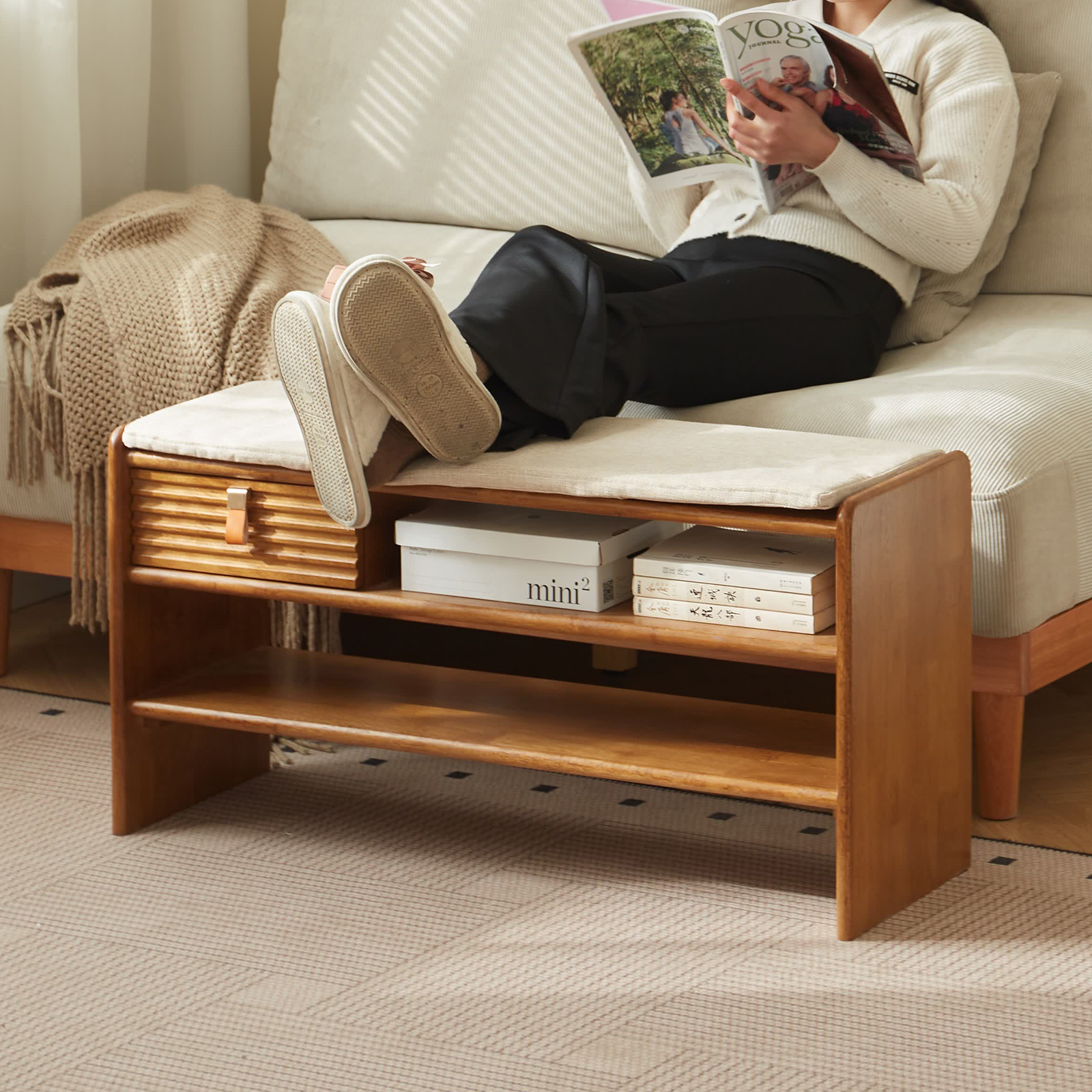 錦木-無垢材玄関ベンチ 収納付きシューズラック 座面付きスリム収納 玄関用長椅子 スリムデザイン玄関ベンチ