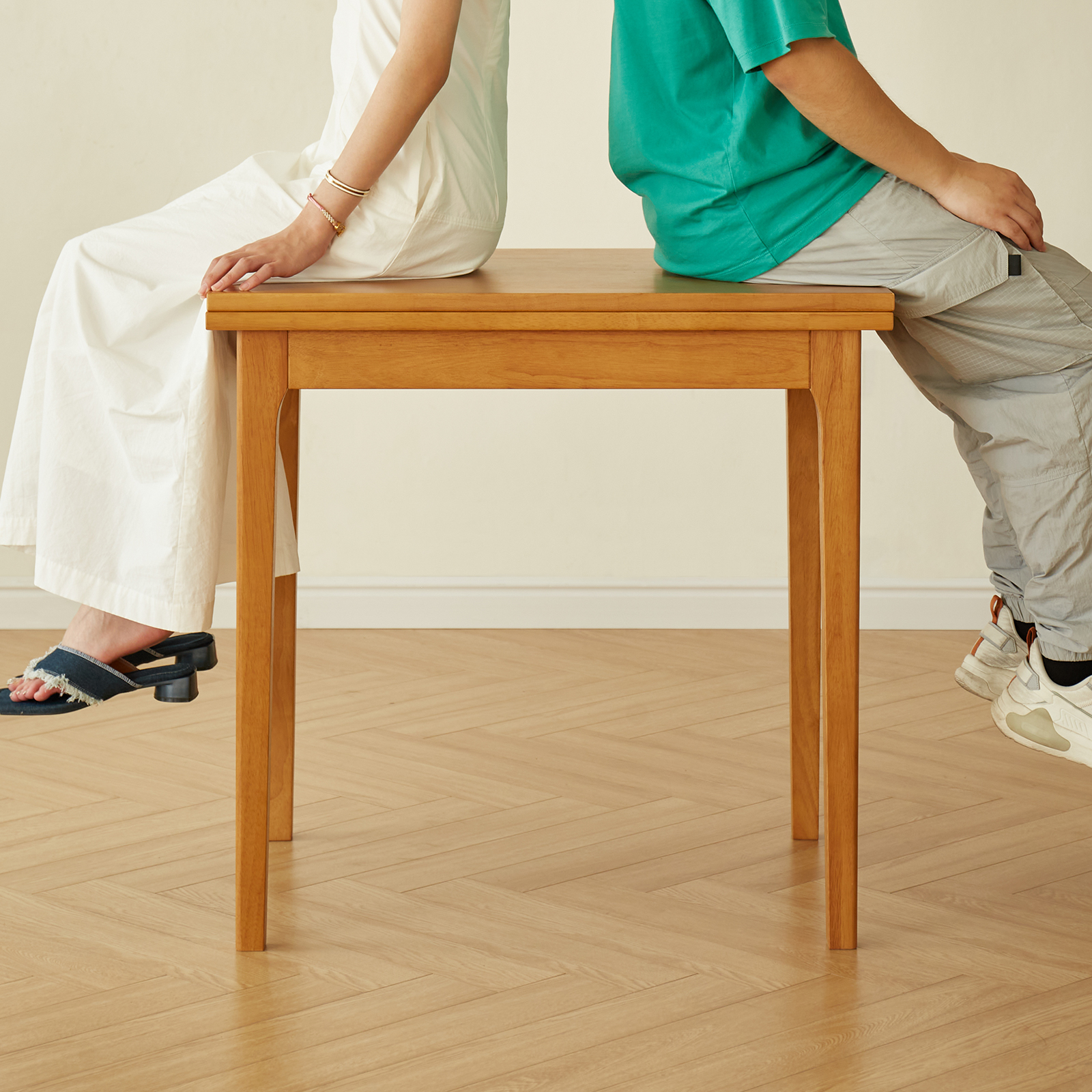 錦木-【無垢材使用】折りたたみ伸縮式ダイニングテーブルセット 長方形 シンプル 小户型対応 チェリー色 ダイニングテーブル