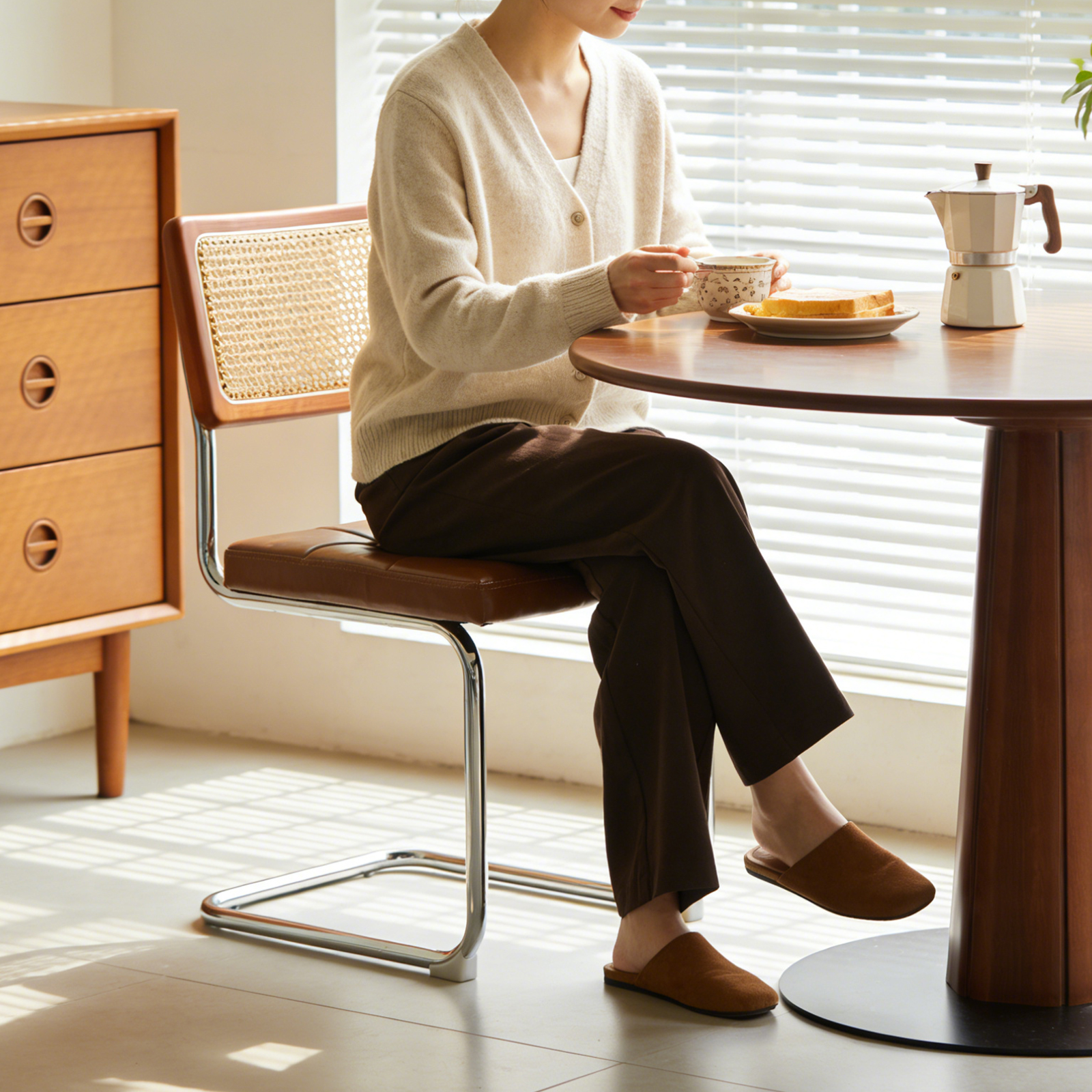 錦木-ヴィンテージ ダイニングチェア 籐張り メタル脚 クッション付き 北欧ミニマル リビングチェアダイニングチェア