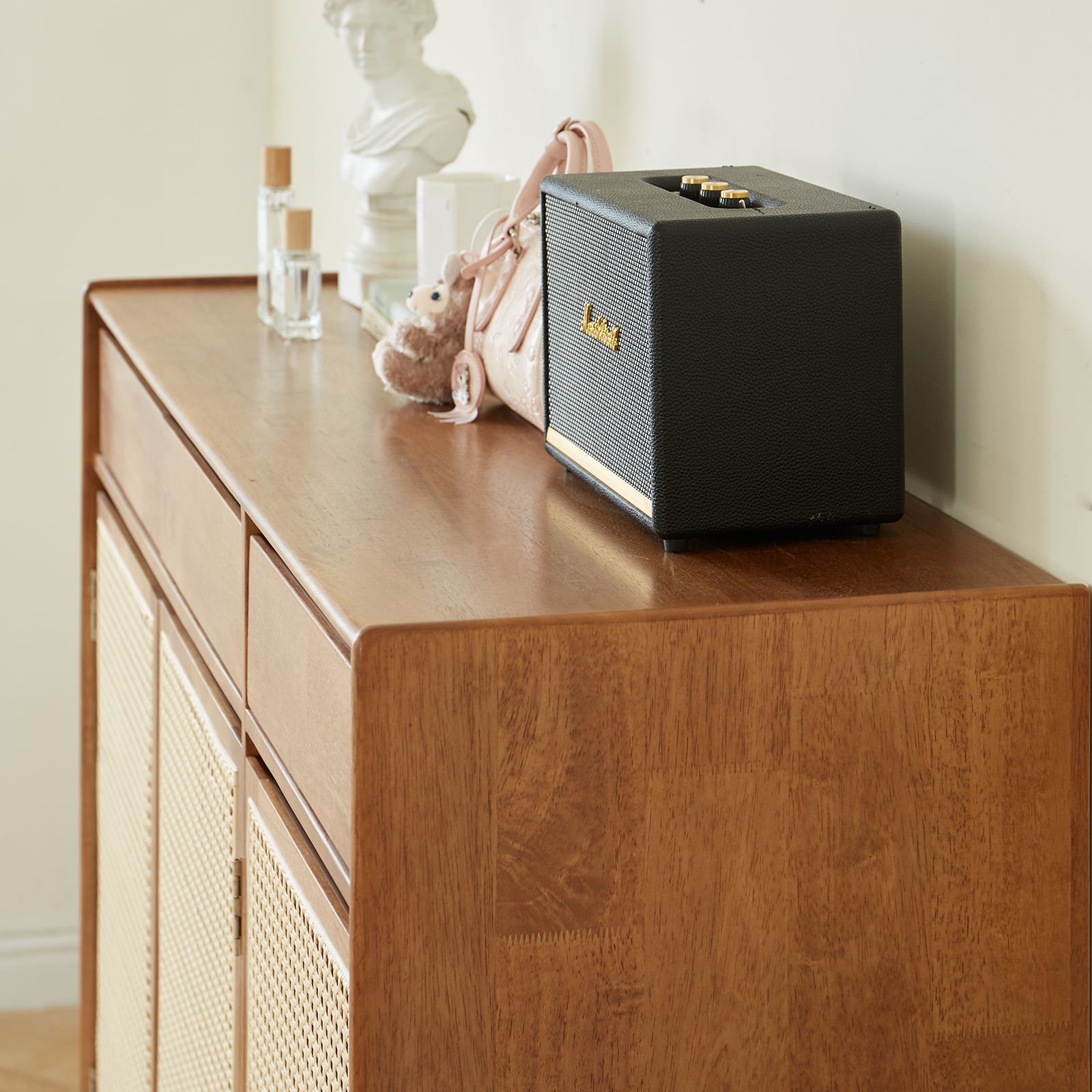 錦木-無垢材シューズボックス ラタン編み 玄関収納 多目的キャビネット 家庭用 シューズラック靴箱 / シューズボックス