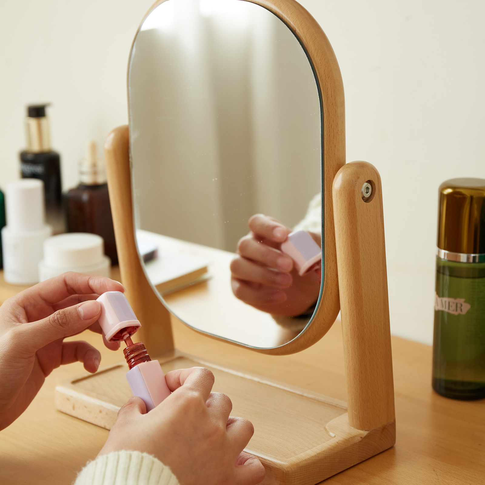 錦木-無垢材化粧鏡 卓上型 回転式 高反射 レトロシンプル ブナ材 寝室用 ドレッサーミラー化粧鏡