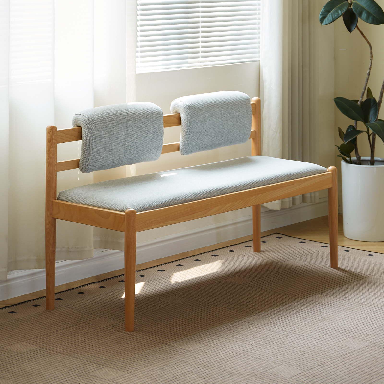 錦木-無垢材ロングベンチ 北欧風シンプル 布張り 2人掛け クッション付き 玄関ベンチ ベッドサイドベンイニングチェア