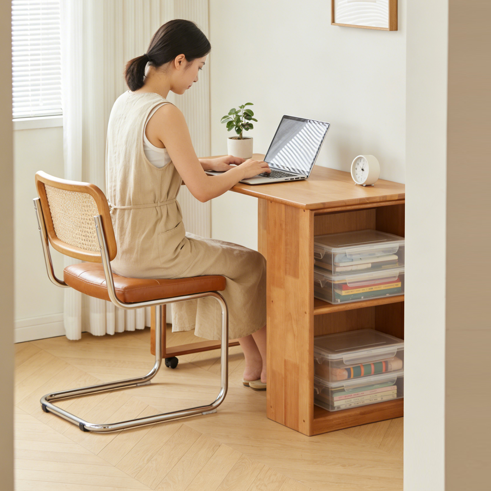錦木-無垢材デスク 本棚・収納一体型 キャスター付き 寝室用 パソコンデスク 学習机 省スペース シンプルデスク / 学習机