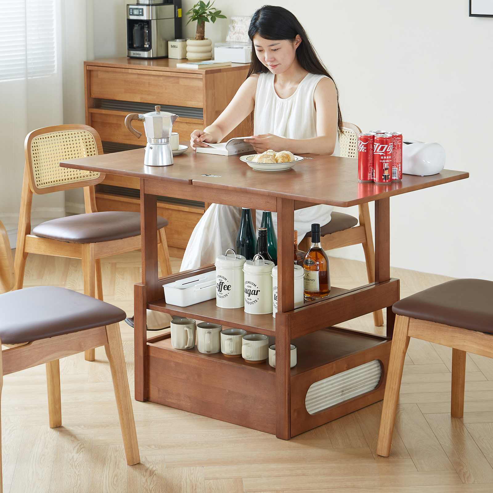 錦木-無垢材ローテーブル 昇降式 折りたたみ キャスター付き 多機能 小户型リビング向け モダンシンプル サイドテーブル兼用ローテーブル