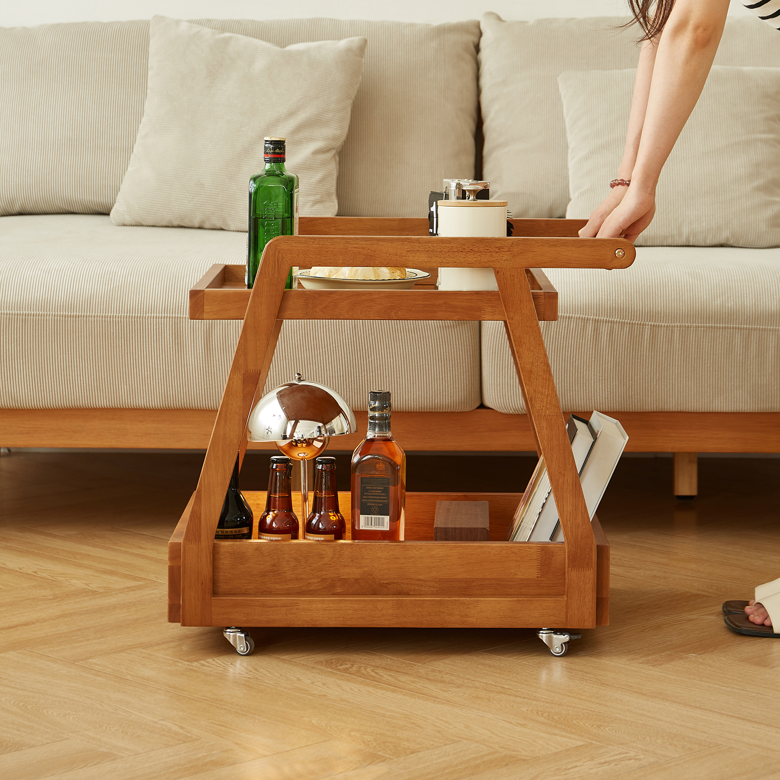 錦木-木製サイドテーブル 2段式 キャスター付きワゴン 北欧風 サイドテーブル/コーヒーテーブル 収納ラックサイドテーブル