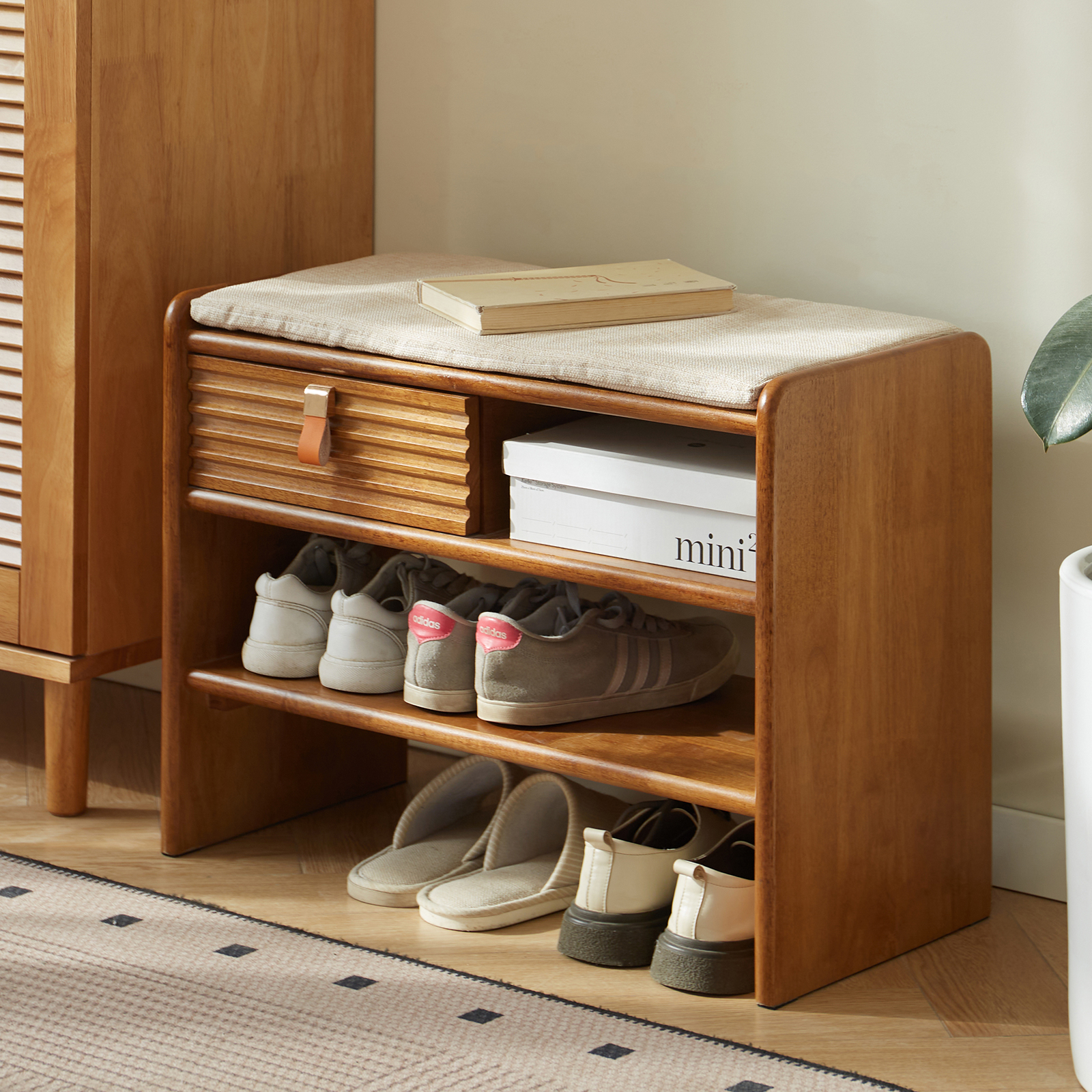 錦木-無垢材玄関ベンチ 収納付きシューズラック 座面付きスリム収納 玄関用長椅子 スリムデザイン玄関ベンチ