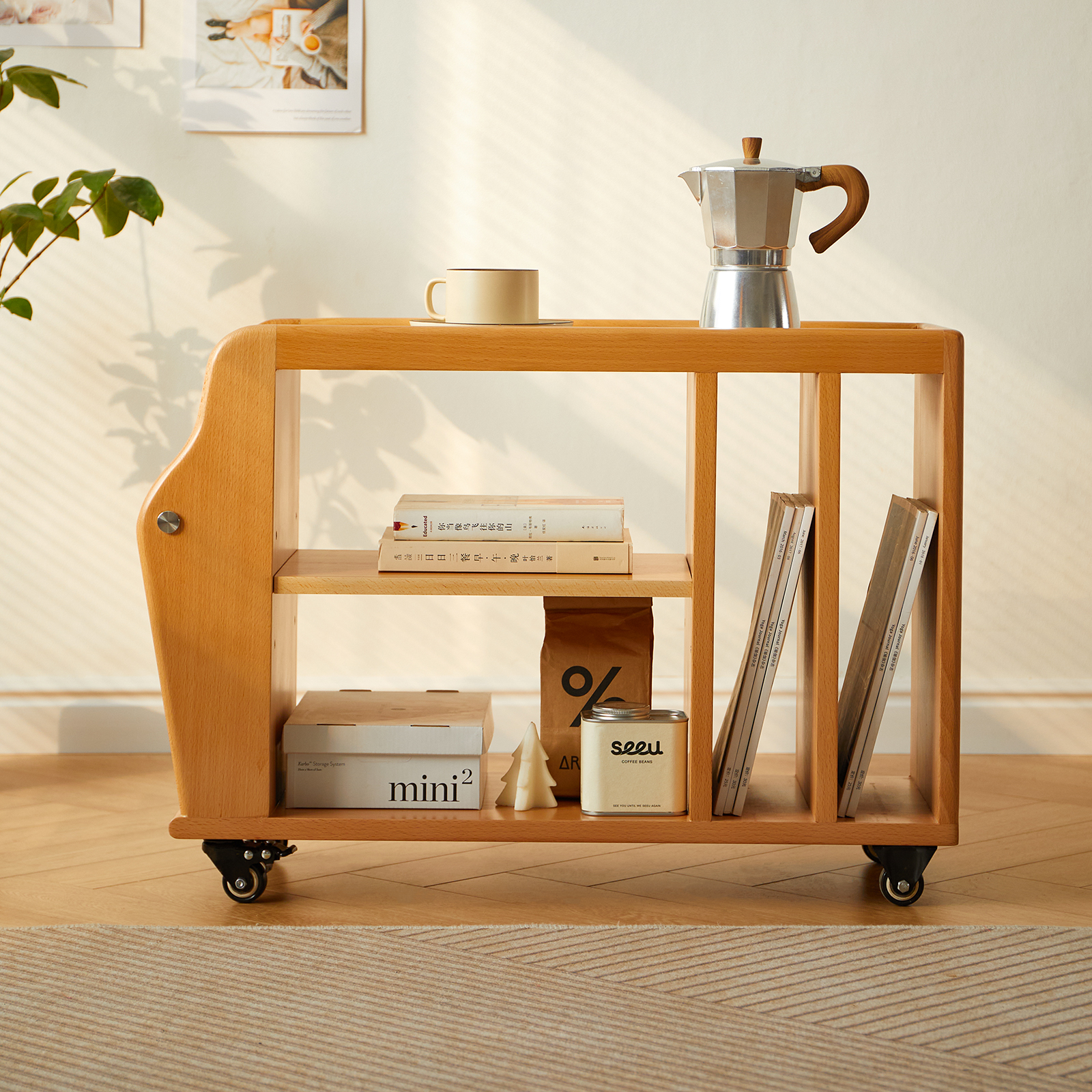 錦木-無垢材 キャスター付きサイドテーブル ヴィンテージ風 多段収納ラック リビング収納 ローチェストサイドボード
