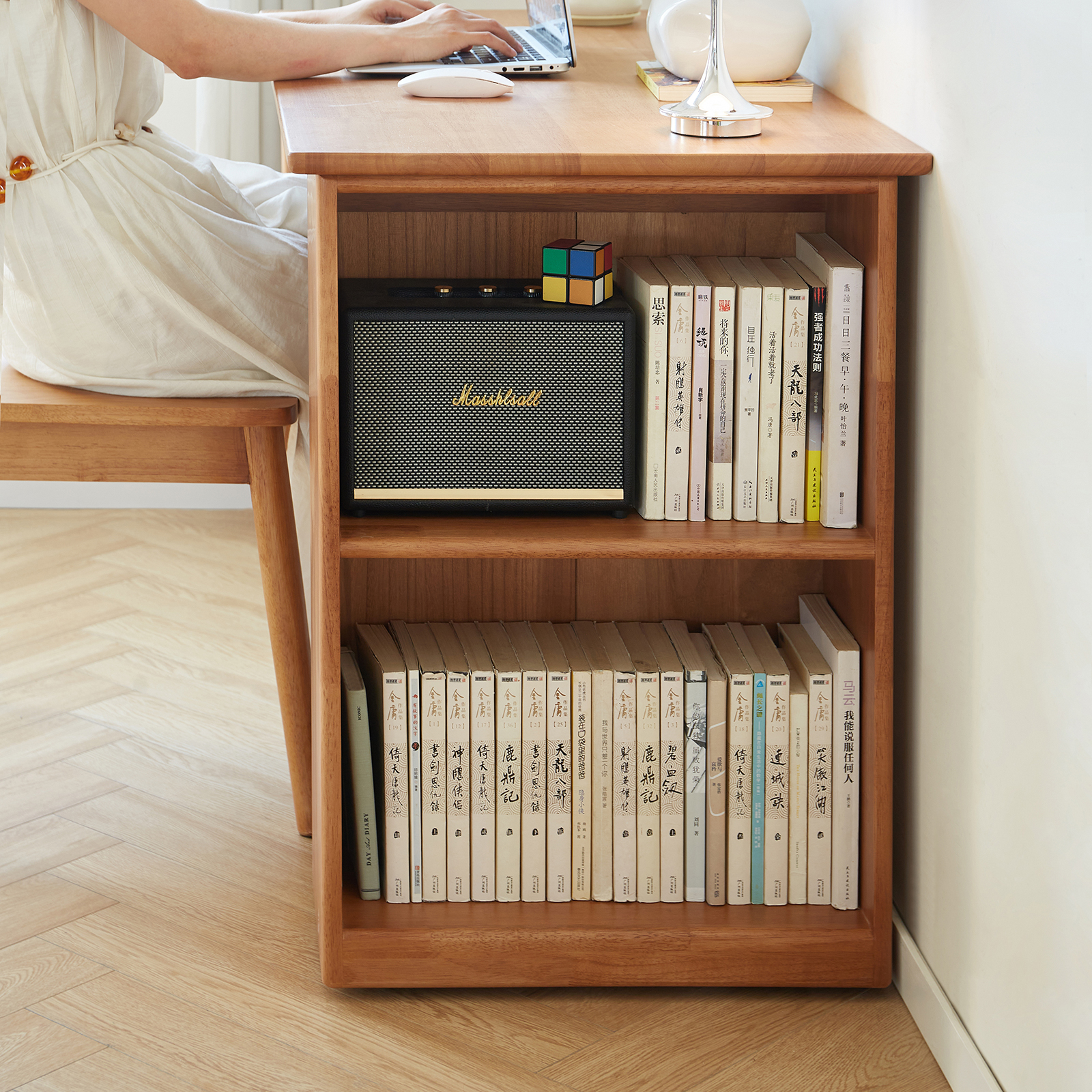 錦木-無垢材デスク 本棚・収納一体型 キャスター付き 寝室用 パソコンデスク 学習机 省スペース シンプルデスク / 学習机