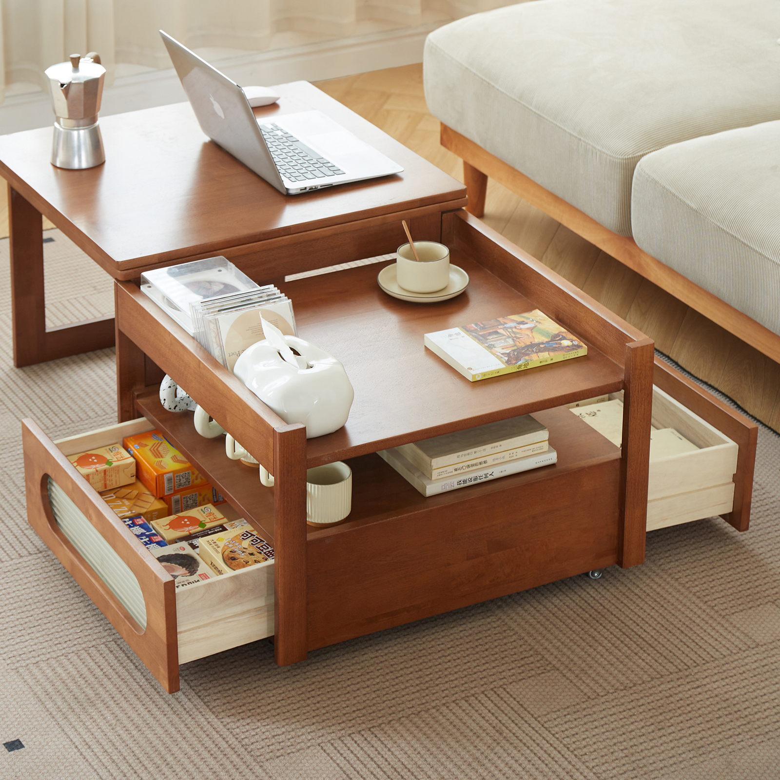 錦木-無垢材ローテーブル 昇降式 折りたたみ キャスター付き 多機能 小户型リビング向け モダンシンプル サイドテーブル兼用ローテーブル