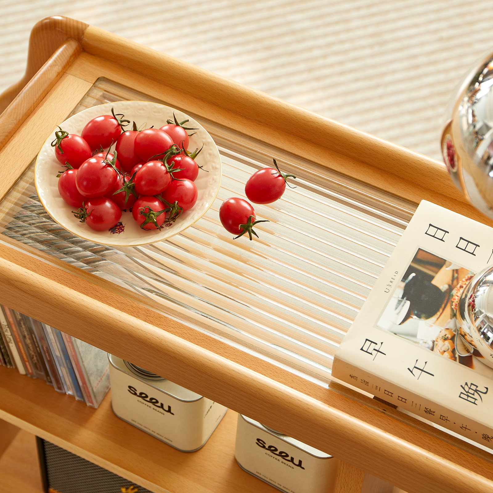 錦木-無垢材 キャスター付きサイドテーブル ヴィンテージ風 多段収納ラック リビング収納 ローチェストサイドボード