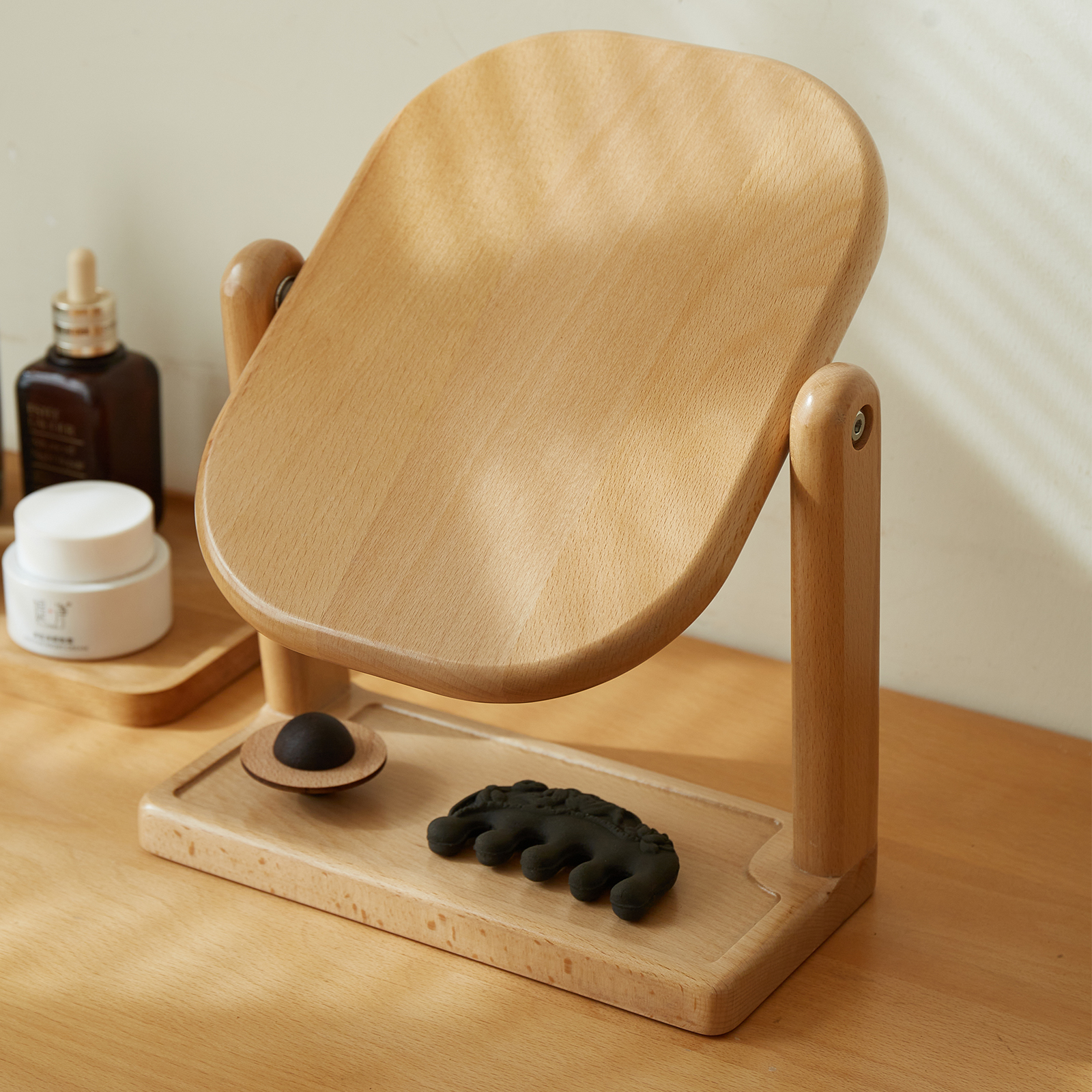 錦木-無垢材化粧鏡 卓上型 回転式 高反射 レトロシンプル ブナ材 寝室用 ドレッサーミラー化粧鏡