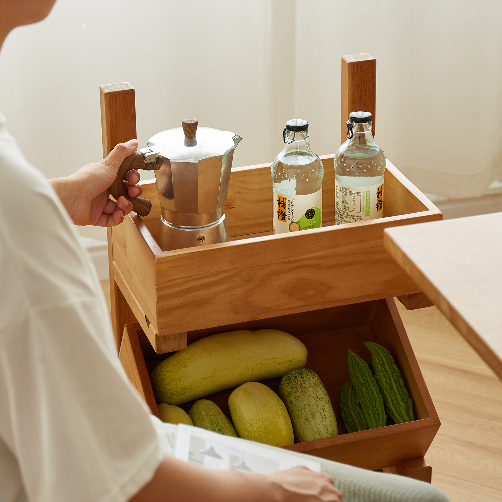 錦木-無垢材収納ラック キッチン野菜・スナック収納 リビングサイドテーブル おもちゃ・本棚にも マルチラック棚 / ラック