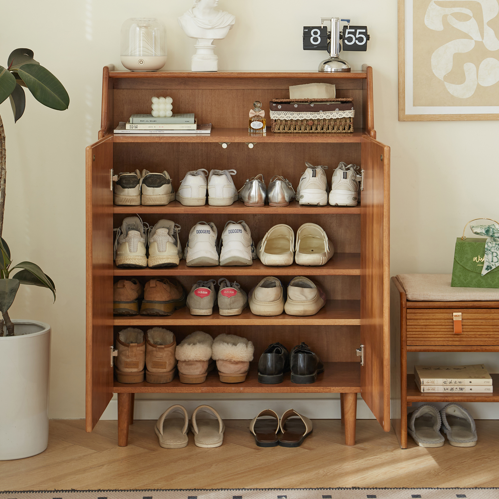 錦木-木製シューズラック 家庭用玄関収納 大容量 壁際一体型シューズ収納キャビネット リビング玄関キャビネット靴箱 / シューズボックス
