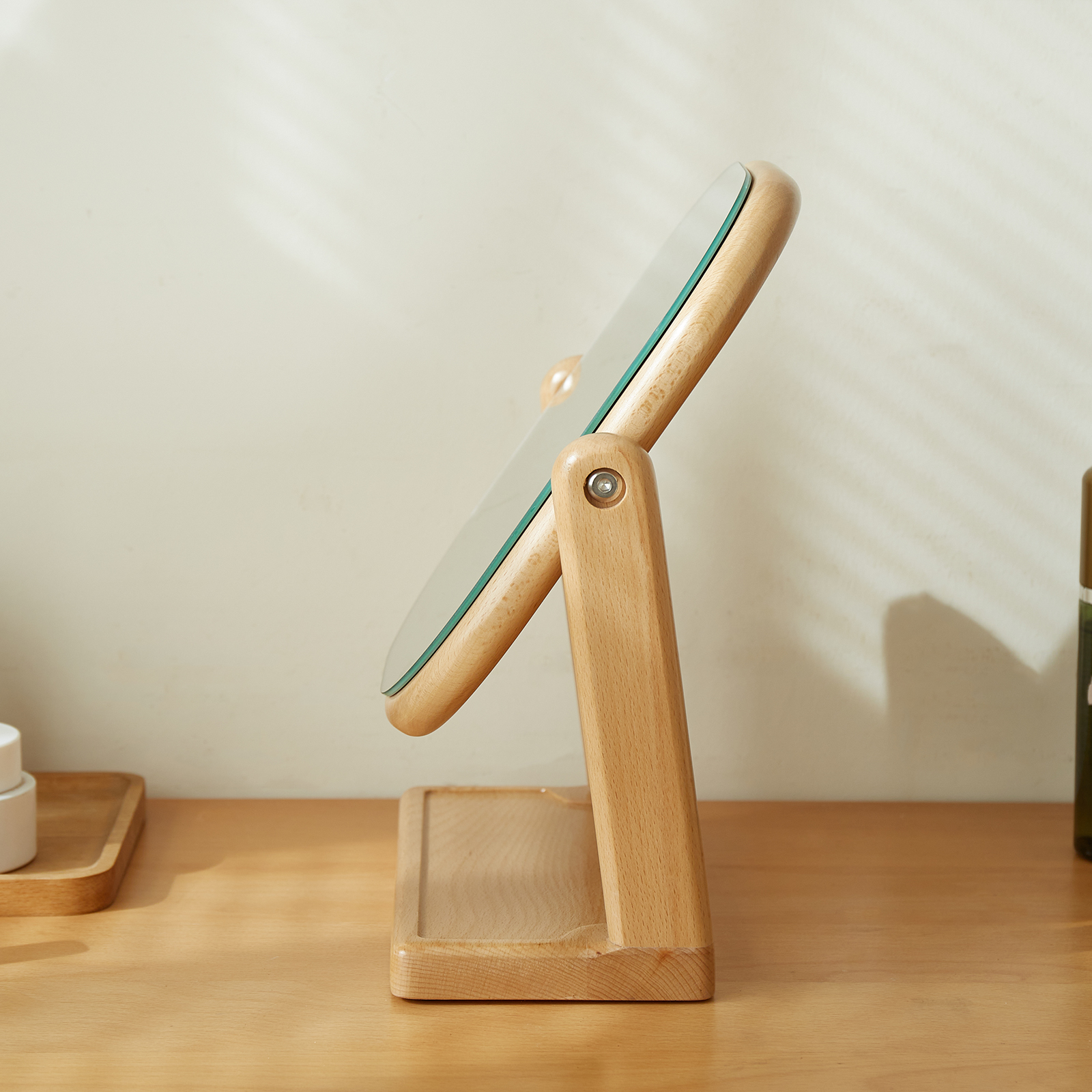 錦木-無垢材化粧鏡 卓上型 回転式 高反射 レトロシンプル ブナ材 寝室用 ドレッサーミラー化粧鏡