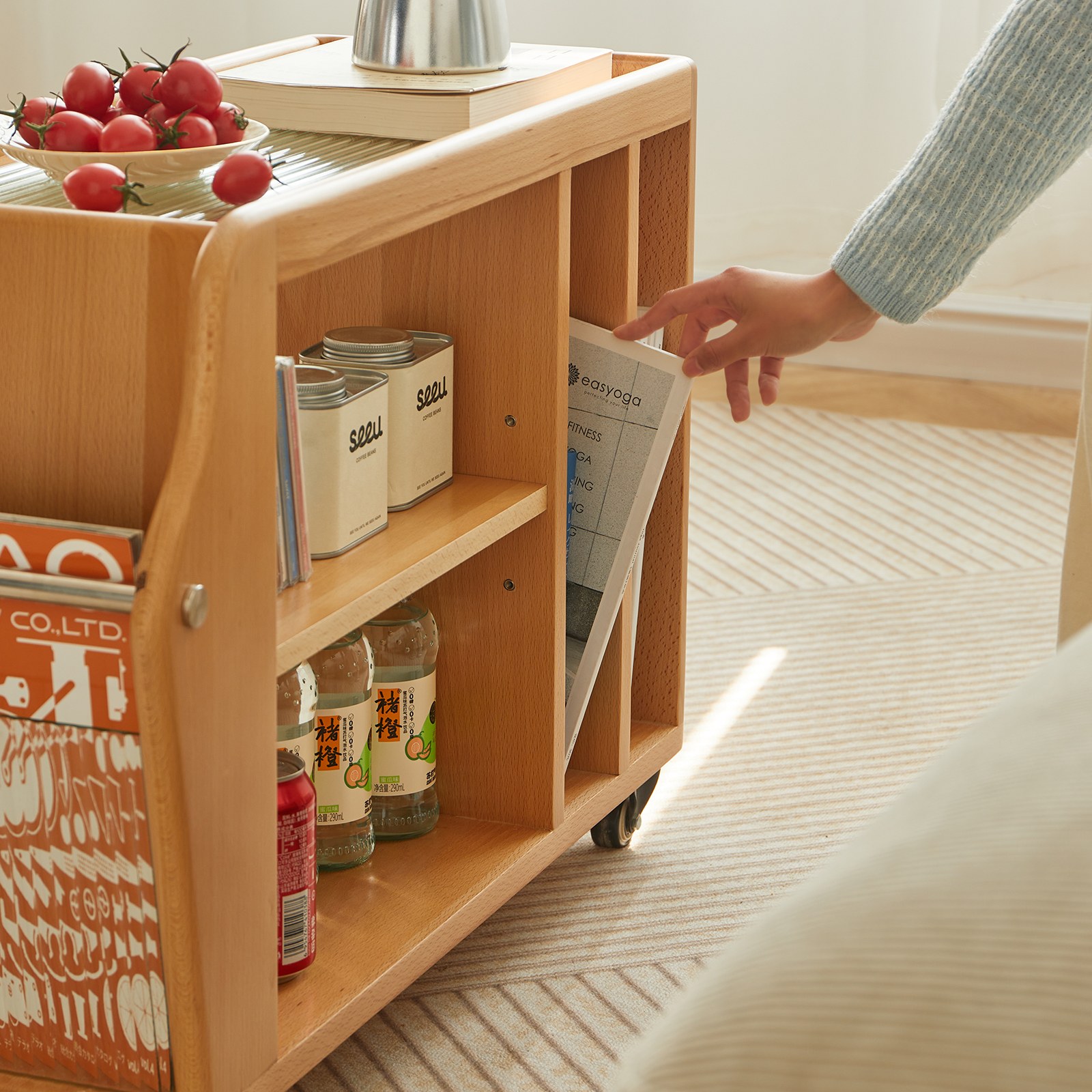 錦木-無垢材 キャスター付きサイドテーブル ヴィンテージ風 多段収納ラック リビング収納 ローチェストサイドボード